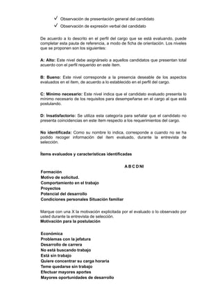 Observación de presentación general del candidato
Observación de expresión verbal del candidato
De acuerdo a lo descrito en el perfil del cargo que se está evaluando, puede
completar esta pauta de referencia, a modo de ficha de orientación. Los niveles
que se proponen son los siguientes:
A: Alto: Este nivel debe asignárselo a aquellos candidatos que presentan total
acuerdo con el perfil requerido en este ítem.
B: Bueno: Este nivel corresponde a la presencia deseable de los aspectos
evaluados en el ítem, de acuerdo a lo establecido en el perfil del cargo.
C: Mínimo necesario: Este nivel indica que el candidato evaluado presenta lo
mínimo necesario de los requisitos para desempeñarse en el cargo al que está
postulando.
D: Insatisfactorio: Se utiliza esta categoría para señalar que el candidato no
presenta coincidencias en este ítem respecto a los requerimientos del cargo.
No identificada: Como su nombre lo indica, corresponde a cuando no se ha
podido recoger información del ítem evaluado, durante la entrevista de
selección.
Ítems evaluados y características identificadas
A B C D NI
Formación
Motivo de solicitud.
Comportamiento en el trabajo
Proyectos
Potencial del desarrollo
Condiciones personales Situación familiar
Marque con una X la motivación explicitada por el evaluado o lo observado por
usted durante la entrevista de selección.
Motivación para la postulación
Económica
Problemas con la jefatura
Desarrollo de carrera
No está buscando trabajo
Está sin trabajo
Quiere concentrar su carga horaria
Teme quedarse sin trabajo
Efectuar mayores aportes
Mayores oportunidades de desarrollo
 