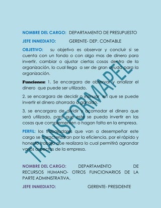 NOMBRE DEL CARGO: DEPARTAMENTO DE PRESUPUESTO
JEFE INMEDIATO: GERENTE- DEP. CONTABLE
OBJETIVO: su objetivo es observar y concluir si se
cuenta con un fondo o con algo mas de dinero para
invertir, cambiar o ajustar ciertas cosas dentro de la
organización, lo cual llega a ser de gran ayuda para la
organización.
Funciones: 1. Se encargara de observar y analizar el
dinero que puede ser utilizado.
2. se encargara de decidir o insinuar en que se puede
invertir el dinero ahorrado o ganado.
3. se encargara de dividir y acomodar el dinero que
será utilizado, para que este se pueda invertir en las
cosas que complementen o hagan falta en la empresa.
PERFIL: los trabajadores que van a desempeñar este
cargo se caracterizaran por la eficiencia, por el rápido y
honesto trabajo que realizara lo cual permitirá agrandar
varios aspectos de la empresa.
NOMBRE DEL CARGO: DEPARTAMENTO DE
RECURSOS HUMANO- OTROS FUNCIONARIOS DE LA
PARTE ADMINISTRATIVA.
JEFE INMEDIATO: GERENTE- PRESIDENTE
 