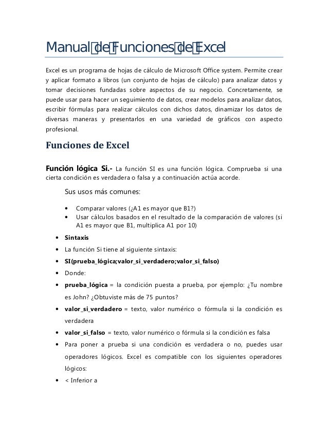 Manual de funciones de excel (Función