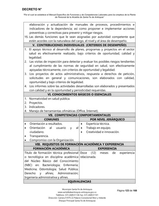 DECRETO N°
“Por el cual se establece el Manual Específico de Funciones y de Competencias Laborales para los empleos de la Planta
de Personal de la Alcaldía de Santa Fe de Antioquia”
Página 123 de 168
Municipio Santa Fe de Antioquia
www.santafedeantioquia-antioquia.gov.co
Teléfono: (57) (4)8531136 Fax: (57) (4)8531101
Dirección: Carrera 9 N°9-22 Palacio Consistorial Mon y Velarde
(Parque Principal Santa Fe de Antioquia)
elaboración y actualización de manuales de procesos, procedimientos e
indicadores de la dependencia; así como proponer e implementar acciones
preventivas y correctivas para prevenir y mitigar riesgos.
15. Las demás funciones que le sean asignadas por autoridad competente que
estén acordes con la naturaleza del cargo, el nivel y el área de desempeño.
V. CONTRIBUCIONES INDIVIDUALES (CRITERIOS DE DESEMPEÑO)
1. El apoyo técnico al desarrollo de planes, programas y proyectos en el sector
salud es efectivamente realizado, bajo criterios de oportunidad, calidad y
legalidad.
2. Las visitas de inspección para detectar y evaluar los posibles riesgos tendientes
al cumplimiento de las normas de seguridad en salud, son efectivamente
apoyadas técnicamente, con criterios de oportunidad y legalidad.
3. Los proyectos de actos administrativos, respuesta a derechos de petición,
solicitudes en general y comunicaciones, son elaborados con calidad,
oportunidad y bajo criterios de legalidad.
4. Los informes sobre las actividades desarrolladas son elaborados y presentados
con calidad y en la oportunidad y periodicidad requeridas.
VI. CONOCIMIENTOS BÁSICOS O ESENCIALES
1. Normatividad en salud pública.
2. Proyectos.
3. Indicadores.
4. Manejo de herramientas ofimáticas (Office, Internet).
VII. COMPETENCIAS COMPORTAMENTALES
COMUNES POR NIVEL JERÁRQUICO
 Orientación a resultados.
 Orientación al usuario y al
ciudadano.
 Transparencia.
 Compromiso con la Organización.
 Experticia técnica.
 Trabajo en equipo.
 Creatividad e innovación.
VIII. REQUISITOS DE FORMACIÓN ACADÉMICA Y EXPERIENCIA
FORMACIÓN ACADÉMICA EXPERIENCIA
Título de formación técnica profesional
o tecnológica en disciplina académica
del Núcleo Básico del Conocimiento
(NBC) en: Bacteriología; Enfermería;
Medicina; Odontología; Salud Pública;
Derecho y afines; Administración;
Ingeniería administrativa y afines.
Doce (12) meses de experiencia
relacionada.
EQUIVALENCIAS
 