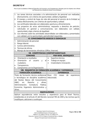 DECRETO N°
“Por el cual se establece el Manual Específico de Funciones y de Competencias Laborales para los empleos de la Planta
de Personal de la Alcaldía de Santa Fe de Antioquia”
Página 134 de 168
Municipio Santa Fe de Antioquia
www.santafedeantioquia-antioquia.gov.co
Teléfono: (57) (4)8531136 Fax: (57) (4)8531101
Dirección: Carrera 9 N°9-22 Palacio Consistorial Mon y Velarde
(Parque Principal Santa Fe de Antioquia)
1. Las tareas técnicas asociadas a la administración de personal son realizadas
efectivamente, con criterios de oportunidad, calidad y legalidad.
2. El manejo y control de hojas de vida del personal al servicio de la Entidad se
realiza efectivamente, con criterios de oportunidad y calidad.
3. Los certificados laborales son elaborados oportuna y eficientemente.
4. Los proyectos de actos administrativos, respuesta a derechos de petición,
solicitudes en general y comunicaciones, son elaborados con calidad,
oportunidad y bajo criterios de legalidad.
5. Los informes sobre las actividades desarrolladas son elaborados y presentados
con calidad y en la oportunidad y periodicidad requeridas.
VI. CONOCIMIENTOS BÁSICOS O ESENCIALES
1. Administración de personal.
2. Riesgo laboral.
3. Carrera administrativa.
4. Técnicas de oficina.
5. Manejo de herramientas ofimáticas (Office, Internet).
VII. COMPETENCIAS COMPORTAMENTALES
COMUNES POR NIVEL JERÁRQUICO
 Orientación a resultados.
 Orientación al usuario y al
ciudadano.
 Transparencia.
 Compromiso con la Organización.
 Experticia técnica.
 Trabajo en equipo.
 Creatividad e innovación.
VIII. REQUISITOS DE FORMACIÓN ACADÉMICA Y EXPERIENCIA
FORMACIÓN ACADÉMICA EXPERIENCIA
Título de formación técnica profesional
o tecnológica en disciplina académica
del Núcleo Básico del Conocimiento
(NBC) en: Derecho y afines;
Administración; Contaduría Pública;
Economía; Ingeniería Administrativa y
afines.
Doce (12) meses de experiencia
relacionada.
EQUIVALENCIAS
Aplican equivalencias entre estudios y experiencia para el Nivel Técnico,
establecidas en el artículo 25 del Decreto nacional 785 de 2005 y las normas que lo
modifiquen, adicionen o sustituyan.
 