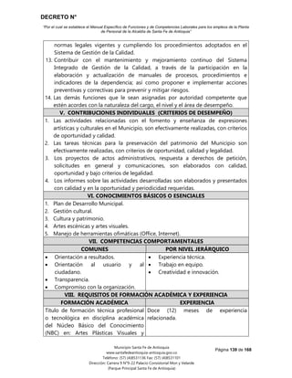 DECRETO N°
“Por el cual se establece el Manual Específico de Funciones y de Competencias Laborales para los empleos de la Planta
de Personal de la Alcaldía de Santa Fe de Antioquia”
Página 139 de 168
Municipio Santa Fe de Antioquia
www.santafedeantioquia-antioquia.gov.co
Teléfono: (57) (4)8531136 Fax: (57) (4)8531101
Dirección: Carrera 9 N°9-22 Palacio Consistorial Mon y Velarde
(Parque Principal Santa Fe de Antioquia)
normas legales vigentes y cumpliendo los procedimientos adoptados en el
Sistema de Gestión de la Calidad.
13. Contribuir con el mantenimiento y mejoramiento continuo del Sistema
Integrado de Gestión de la Calidad, a través de la participación en la
elaboración y actualización de manuales de procesos, procedimientos e
indicadores de la dependencia; así como proponer e implementar acciones
preventivas y correctivas para prevenir y mitigar riesgos.
14. Las demás funciones que le sean asignadas por autoridad competente que
estén acordes con la naturaleza del cargo, el nivel y el área de desempeño.
V. CONTRIBUCIONES INDIVIDUALES (CRITERIOS DE DESEMPEÑO)
1. Las actividades relacionadas con el fomento y enseñanza de expresiones
artísticas y culturales en el Municipio, son efectivamente realizadas, con criterios
de oportunidad y calidad.
2. Las tareas técnicas para la preservación del patrimonio del Municipio son
efectivamente realizadas, con criterios de oportunidad, calidad y legalidad.
3. Los proyectos de actos administrativos, respuesta a derechos de petición,
solicitudes en general y comunicaciones, son elaborados con calidad,
oportunidad y bajo criterios de legalidad.
4. Los informes sobre las actividades desarrolladas son elaborados y presentados
con calidad y en la oportunidad y periodicidad requeridas.
VI. CONOCIMIENTOS BÁSICOS O ESENCIALES
1. Plan de Desarrollo Municipal.
2. Gestión cultural.
3. Cultura y patrimonio.
4. Artes escénicas y artes visuales.
5. Manejo de herramientas ofimáticas (Office, Internet).
VII. COMPETENCIAS COMPORTAMENTALES
COMUNES POR NIVEL JERÁRQUICO
 Orientación a resultados.
 Orientación al usuario y al
ciudadano.
 Transparencia.
 Compromiso con la organización.
 Experiencia técnica.
 Trabajo en equipo.
 Creatividad e innovación.
VIII. REQUISITOS DE FORMACIÓN ACADÉMICA Y EXPERIENCIA
FORMACIÓN ACADÉMICA EXPERIENCIA
Título de formación técnica profesional
o tecnológica en disciplina académica
del Núcleo Básico del Conocimiento
(NBC) en: Artes Plásticas Visuales y
Doce (12) meses de experiencia
relacionada.
 