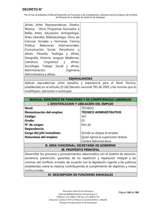 DECRETO N°
“Por el cual se establece el Manual Específico de Funciones y de Competencias Laborales para los empleos de la Planta
de Personal de la Alcaldía de Santa Fe de Antioquia”
Página 140 de 168
Municipio Santa Fe de Antioquia
www.santafedeantioquia-antioquia.gov.co
Teléfono: (57) (4)8531136 Fax: (57) (4)8531101
Dirección: Carrera 9 N°9-22 Palacio Consistorial Mon y Velarde
(Parque Principal Santa Fe de Antioquia)
afines; Artes Representativas; Diseño;
Música; Otros Programas Asociados a
Bellas Artes; Educación; Antropología,
Artes Liberales; Bibliotecología, Otros de
Ciencias Sociales y Humanas; Ciencia
Política, Relaciones Internacionales;
Comunicación Social, Periodismo y
afines; Filosofía, Teología y afines;
Geografía, Historia; Lenguas Modernas,
Literatura, Lingüística y afines;
Sociología, Trabajo Social y afines;
Administración; Ingeniería
Administrativa y afines.
EQUIVALENCIAS
Aplican equivalencias entre estudios y experiencia para el Nivel Técnico,
establecidas en el artículo 25 del Decreto nacional 785 de 2005 y las normas que lo
modifiquen, adicionen o sustituyan.
MANUAL ESPECÍFICO DE FUNCIONES Y DE COMPETENCIAS LABORALES
I. IDENTIFICACION Y UBICACIÓN DEL EMPLEO
Nivel:
Denominación del empleo:
Código:
Grado:
N° de cargos:
Dependencia:
Cargo del jefe inmediato:
Naturaleza del empleo:
TÉCNICO
TÉCNICO ADMINISTRATIVO
367
03
Seis (6)
Donde se ubique el empleo
Quien ejerza la supervisión directa
Carrera Administrativa
II. ÁREA FUNCIONAL: SECRETARÍA DE GOBIERNO
III. PROPÓSITO PRINCIPAL
Desarrollar los procesos y procedimientos relacionados con el sistema de atención,
asistencia, prevención, garantías de no repetición y reparación integral a las
víctimas del conflicto armado, de acuerdo con la legislación vigente y las políticas
establecidas sobre la materia, contribuyendo al cumplimiento de objetivos y metas
institucionales.
IV. DESCRIPCION DE FUNCIONES ESENCIALES
 