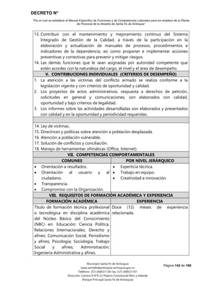 DECRETO N°
“Por el cual se establece el Manual Específico de Funciones y de Competencias Laborales para los empleos de la Planta
de Personal de la Alcaldía de Santa Fe de Antioquia”
Página 142 de 168
Municipio Santa Fe de Antioquia
www.santafedeantioquia-antioquia.gov.co
Teléfono: (57) (4)8531136 Fax: (57) (4)8531101
Dirección: Carrera 9 N°9-22 Palacio Consistorial Mon y Velarde
(Parque Principal Santa Fe de Antioquia)
13. Contribuir con el mantenimiento y mejoramiento continuo del Sistema
Integrado de Gestión de la Calidad, a través de la participación en la
elaboración y actualización de manuales de procesos, procedimientos e
indicadores de la dependencia; así como proponer e implementar acciones
preventivas y correctivas para prevenir y mitigar riesgos.
14. Las demás funciones que le sean asignadas por autoridad competente que
estén acordes con la naturaleza del cargo, el nivel y el área de desempeño.
V. CONTRIBUCIONES INDIVIDUALES (CRITERIOS DE DESEMPEÑO)
1. La atención a las víctimas del conflicto armado se realiza conforme a la
legislación vigente y con criterios de oportunidad y calidad.
2. Los proyectos de actos administrativos, respuesta a derechos de petición,
solicitudes en general y comunicaciones, son elaborados con calidad,
oportunidad y bajo criterios de legalidad.
3. Los informes sobre las actividades desarrolladas son elaborados y presentados
con calidad y en la oportunidad y periodicidad requeridas.
14. Ley de víctimas.
15. Directrices y políticas sobre atención a población desplazada.
16. Atención a población vulnerable.
17. Solución de conflictos y conciliación.
18. Manejo de herramientas ofimáticas (Office, Internet).
VII. COMPETENCIAS COMPORTAMENTALES
COMUNES POR NIVEL JERÁRQUICO
 Orientación a resultados.
 Orientación al usuario y al
ciudadano.
 Transparencia.
 Compromiso con la Organización.
 Experticia técnica.
 Trabajo en equipo.
 Creatividad e innovación.
VIII. REQUISITOS DE FORMACIÓN ACADÉMICA Y EXPERIENCIA
FORMACIÓN ACADÉMICA EXPERIENCIA
Título de formación técnica profesional
o tecnológica en disciplina académica
del Núcleo Básico del Conocimiento
(NBC) en: Educación; Ciencia Política,
Relaciones Internacionales; Derecho y
afines; Comunicación Social, Periodismo
y afines; Psicología; Sociología, Trabajo
Social y afines; Administración;
Ingeniería Administrativa y afines.
Doce (12) meses de experiencia
relacionada.
 