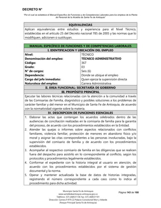 DECRETO N°
“Por el cual se establece el Manual Específico de Funciones y de Competencias Laborales para los empleos de la Planta
de Personal de la Alcaldía de Santa Fe de Antioquia”
Página 143 de 168
Municipio Santa Fe de Antioquia
www.santafedeantioquia-antioquia.gov.co
Teléfono: (57) (4)8531136 Fax: (57) (4)8531101
Dirección: Carrera 9 N°9-22 Palacio Consistorial Mon y Velarde
(Parque Principal Santa Fe de Antioquia)
EQUIVALENCIAS
Aplican equivalencias entre estudios y experiencia para el Nivel Técnico,
establecidas en el artículo 25 del Decreto nacional 785 de 2005 y las normas que lo
modifiquen, adicionen o sustituyan.
MANUAL ESPECÍFICO DE FUNCIONES Y DE COMPETENCIAS LABORALES
I. IDENTIFICACION Y UBICACIÓN DEL EMPLEO
Nivel:
Denominación del empleo:
Código:
Grado:
N° de cargos:
Dependencia:
Cargo del jefe inmediato:
Naturaleza del empleo:
TÉCNICO
TÉCNICO ADMINISTRATIVO
367
03
Seis (6)
Donde se ubique el empleo
Quien ejerza la supervisión directa
Carrera Administrativa
II. ÁREA FUNCIONAL: SECRETARÍA DE GOBIERNO
III. PROPÓSITO PRINCIPAL
Ejecutar las labores técnicas relacionadas con la atención a la comunidad a través
de las Comisarías de Familia, diagnóstico y posibles soluciones a los problemas de
carácter familiar y del menor en el Municipio de Santa Fe de Antioquia, de acuerdo
con la normatividad vigente sobre la materia.
IV. DESCRIPCION DE FUNCIONES ESENCIALES
1. Elaborar las actas que contengan los acuerdos celebrados dentro de las
audiencias de conciliación realizadas en la comisaría de familia para la garantía
del proceso, de acuerdo con los procedimientos establecidos en la Entidad.
2. Atender las quejas o informes sobre aspectos relacionados con conflictos
familiares, violencia familiar, protección de menores en abandono físico y/o
moral y asignar las citas correspondientes a las personas involucradas, bajo la
supervisión del comisario de familia y de acuerdo con los procedimientos
establecidos.
3. Acompañar al respectivo comisario de familia en las diligencias que se realicen
fuera del despacho para asistirlo en lo correspondiente al conflicto, según los
protocolos y procedimientos legalmente establecidos.
4. Conformar el expediente con la historia integral al usuario en atención, de
acuerdo con los procedimientos establecidos por el sistema de gestión
documental y la norma.
5. Operar y mantener actualizada la base de datos de historias integradas,
registrando el número correspondiente a cada caso como lo indica el
procedimiento para dicha actividad.
 