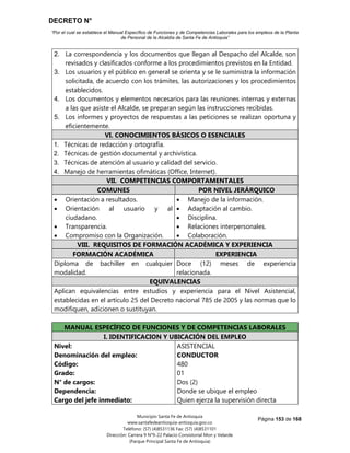 DECRETO N°
“Por el cual se establece el Manual Específico de Funciones y de Competencias Laborales para los empleos de la Planta
de Personal de la Alcaldía de Santa Fe de Antioquia”
Página 153 de 168
Municipio Santa Fe de Antioquia
www.santafedeantioquia-antioquia.gov.co
Teléfono: (57) (4)8531136 Fax: (57) (4)8531101
Dirección: Carrera 9 N°9-22 Palacio Consistorial Mon y Velarde
(Parque Principal Santa Fe de Antioquia)
2. La correspondencia y los documentos que llegan al Despacho del Alcalde, son
revisados y clasificados conforme a los procedimientos previstos en la Entidad.
3. Los usuarios y el público en general se orienta y se le suministra la información
solicitada, de acuerdo con los trámites, las autorizaciones y los procedimientos
establecidos.
4. Los documentos y elementos necesarios para las reuniones internas y externas
a las que asiste el Alcalde, se preparan según las instrucciones recibidas.
5. Los informes y proyectos de respuestas a las peticiones se realizan oportuna y
eficientemente.
VI. CONOCIMIENTOS BÁSICOS O ESENCIALES
1. Técnicas de redacción y ortografía.
2. Técnicas de gestión documental y archivística.
3. Técnicas de atención al usuario y calidad del servicio.
4. Manejo de herramientas ofimáticas (Office, Internet).
VII. COMPETENCIAS COMPORTAMENTALES
COMUNES POR NIVEL JERÁRQUICO
 Orientación a resultados.
 Orientación al usuario y al
ciudadano.
 Transparencia.
 Compromiso con la Organización.
 Manejo de la información.
 Adaptación al cambio.
 Disciplina.
 Relaciones interpersonales.
 Colaboración.
VIII. REQUISITOS DE FORMACIÓN ACADÉMICA Y EXPERIENCIA
FORMACIÓN ACADÉMICA EXPERIENCIA
Diploma de bachiller en cualquier
modalidad.
Doce (12) meses de experiencia
relacionada.
EQUIVALENCIAS
Aplican equivalencias entre estudios y experiencia para el Nivel Asistencial,
establecidas en el artículo 25 del Decreto nacional 785 de 2005 y las normas que lo
modifiquen, adicionen o sustituyan.
CONDUCTOR Código 480 Grado 01
MANUAL ESPECÍFICO DE FUNCIONES Y DE COMPETENCIAS LABORALES
I. IDENTIFICACION Y UBICACIÓN DEL EMPLEO
Nivel:
Denominación del empleo:
Código:
Grado:
N° de cargos:
Dependencia:
Cargo del jefe inmediato:
ASISTENCIAL
CONDUCTOR
480
01
Dos (2)
Donde se ubique el empleo
Quien ejerza la supervisión directa
 