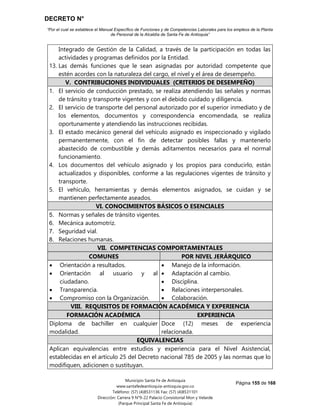 DECRETO N°
“Por el cual se establece el Manual Específico de Funciones y de Competencias Laborales para los empleos de la Planta
de Personal de la Alcaldía de Santa Fe de Antioquia”
Página 155 de 168
Municipio Santa Fe de Antioquia
www.santafedeantioquia-antioquia.gov.co
Teléfono: (57) (4)8531136 Fax: (57) (4)8531101
Dirección: Carrera 9 N°9-22 Palacio Consistorial Mon y Velarde
(Parque Principal Santa Fe de Antioquia)
Integrado de Gestión de la Calidad, a través de la participación en todas las
actividades y programas definidos por la Entidad.
13. Las demás funciones que le sean asignadas por autoridad competente que
estén acordes con la naturaleza del cargo, el nivel y el área de desempeño.
V. CONTRIBUCIONES INDIVIDUALES (CRITERIOS DE DESEMPEÑO)
1. El servicio de conducción prestado, se realiza atendiendo las señales y normas
de tránsito y transporte vigentes y con el debido cuidado y diligencia.
2. El servicio de transporte del personal autorizado por el superior inmediato y de
los elementos, documentos y correspondencia encomendada, se realiza
oportunamente y atendiendo las instrucciones recibidas.
3. El estado mecánico general del vehículo asignado es inspeccionado y vigilado
permanentemente, con el fin de detectar posibles fallas y mantenerlo
abastecido de combustible y demás aditamentos necesarios para el normal
funcionamiento.
4. Los documentos del vehículo asignado y los propios para conducirlo, están
actualizados y disponibles, conforme a las regulaciones vigentes de tránsito y
transporte.
5. El vehículo, herramientas y demás elementos asignados, se cuidan y se
mantienen perfectamente aseados.
VI. CONOCIMIENTOS BÁSICOS O ESENCIALES
5. Normas y señales de tránsito vigentes.
6. Mecánica automotriz.
7. Seguridad vial.
8. Relaciones humanas.
VII. COMPETENCIAS COMPORTAMENTALES
COMUNES POR NIVEL JERÁRQUICO
 Orientación a resultados.
 Orientación al usuario y al
ciudadano.
 Transparencia.
 Compromiso con la Organización.
 Manejo de la información.
 Adaptación al cambio.
 Disciplina.
 Relaciones interpersonales.
 Colaboración.
VIII. REQUISITOS DE FORMACIÓN ACADÉMICA Y EXPERIENCIA
FORMACIÓN ACADÉMICA EXPERIENCIA
Diploma de bachiller en cualquier
modalidad.
Doce (12) meses de experiencia
relacionada.
EQUIVALENCIAS
Aplican equivalencias entre estudios y experiencia para el Nivel Asistencial,
establecidas en el artículo 25 del Decreto nacional 785 de 2005 y las normas que lo
modifiquen, adicionen o sustituyan.
 