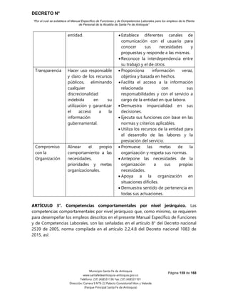 DECRETO N°
“Por el cual se establece el Manual Específico de Funciones y de Competencias Laborales para los empleos de la Planta
de Personal de la Alcaldía de Santa Fe de Antioquia”
Página 159 de 168
Municipio Santa Fe de Antioquia
www.santafedeantioquia-antioquia.gov.co
Teléfono: (57) (4)8531136 Fax: (57) (4)8531101
Dirección: Carrera 9 N°9-22 Palacio Consistorial Mon y Velarde
(Parque Principal Santa Fe de Antioquia)
entidad.  Establece diferentes canales de
comunicación con el usuario para
conocer sus necesidades y
propuestas y responde a las mismas.
 Reconoce la interdependencia entre
su trabajo y el de otros.
Transparencia Hacer uso responsable
y claro de los recursos
públicos, eliminando
cualquier
discrecionalidad
indebida en su
utilización y garantizar
el acceso a la
información
gubernamental.
 Proporciona información veraz,
objetiva y basada en hechos.
 Facilita el acceso a la información
relacionada con sus
responsabilidades y con el servicio a
cargo de la entidad en que labora.
 Demuestra imparcialidad en sus
decisiones.
 Ejecuta sus funciones con base en las
normas y criterios aplicables.
 Utiliza los recursos de la entidad para
el desarrollo de las labores y la
prestación del servicio.
Compromiso
con la
Organización
Alinear el propio
comportamiento a las
necesidades,
prioridades y metas
organizacionales.
 Promueve las metas de la
organización y respeta sus normas.
 Antepone las necesidades de la
organización a sus propias
necesidades.
 Apoya a la organización en
situaciones difíciles.
 Demuestra sentido de pertenencia en
todas sus actuaciones.
ARTÍCULO 3°. Competencias comportamentales por nivel jerárquico. Las
competencias comportamentales por nivel jerárquico que, como mínimo, se requieren
para desempeñar los empleos descritos en el presente Manual Específico de Funciones
y de Competencias Laborales, son las señaladas en el artículo 8° del Decreto nacional
2539 de 2005, norma compilada en el artículo 2.2.4.8 del Decreto nacional 1083 de
2015, así:
 