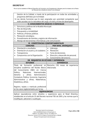 DECRETO N°
“Por el cual se establece el Manual Específico de Funciones y de Competencias Laborales para los empleos de la Planta
de Personal de la Alcaldía de Santa Fe de Antioquia”
Página 29 de 168
Municipio Santa Fe de Antioquia
www.santafedeantioquia-antioquia.gov.co
Teléfono: (57) (4)8531136 Fax: (57) (4)8531101
Dirección: Carrera 9 N°9-22 Palacio Consistorial Mon y Velarde
(Parque Principal Santa Fe de Antioquia)
Gestión de la Calidad, a través de la participación en todas las actividades y
programas definidos por la Entidad.
14. Las demás funciones que le sean asignadas por autoridad competente que
estén acordes con la naturaleza del cargo, el nivel y el área de desempeño.
V. CONOCIMIENTOS BÁSICOS O ESENCIALES
1. Estructura y políticas de la Alcaldía Municipal.
2. Plan de Desarrollo.
3. Presupuesto y contabilidad.
4. Políticas y finanzas públicas.
5. Planeación estratégica.
6. Procedimiento de trámites y registro de información.
7. Manejo de herramientas informáticas y de comunicación.
VI. COMPETENCIAS COMPORTAMENTALES
COMUNES POR NIVEL JERÁRQUICO
 Orientación a resultados.
 Orientación al usuario y al ciudadano.
 Transparencia.
 Compromiso con la Organización.
 Liderazgo.
 Planeación.
 Toma de decisiones.
 Dirección y desarrollo de personal.
 Conocimiento del entorno.
VII. REQUISITOS DE ESTUDIO Y EXPERIENCIA
ESTUDIOS EXPERIENCIA
Título de formación profesional en
disciplina académica del Núcleo Básico
del Conocimiento (NBC) en: Ciencia
Política, Relaciones Internacionales;
Derecho y afines; Administración;
Contaduría Pública; Economía; Ingeniería
Administrativa y afines; Matemáticas,
Estadística y afines.
Registro, tarjeta o matrícula profesional
en los casos reglamentados por la Ley.
Dieciocho (18) meses de experiencia
relacionada.
EQUIVALENCIAS
Aplican equivalencias entre estudios y experiencia para el Nivel Directivo,
establecidas en el artículo 25 del Decreto nacional 785 de 2005 y las normas que lo
modifiquen, adicionen o sustituyan.
 