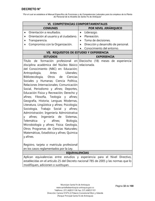 DECRETO N°
“Por el cual se establece el Manual Específico de Funciones y de Competencias Laborales para los empleos de la Planta
de Personal de la Alcaldía de Santa Fe de Antioquia”
Página 32 de 168
Municipio Santa Fe de Antioquia
www.santafedeantioquia-antioquia.gov.co
Teléfono: (57) (4)8531136 Fax: (57) (4)8531101
Dirección: Carrera 9 N°9-22 Palacio Consistorial Mon y Velarde
(Parque Principal Santa Fe de Antioquia)
VI. COMPETENCIAS COMPORTAMENTALES
COMUNES POR NIVEL JERÁRQUICO
 Orientación a resultados.
 Orientación al usuario y al ciudadano.
 Transparencia.
 Compromiso con la Organización.
 Liderazgo.
 Planeación.
 Toma de decisiones.
 Dirección y desarrollo de personal.
 Conocimiento del entorno.
VII. REQUISITOS DE ESTUDIO Y EXPERIENCIA
ESTUDIOS EXPERIENCIA
Título de formación profesional en
disciplina académica del Núcleo Básico
del Conocimiento (NBC) en: Educación;
Antropología, Artes Liberales;
Bibliotecología, Otros de Ciencias
Sociales y Humanas; Ciencia Política,
Relaciones Internacionales; Comunicación
Social, Periodismo y afines; Deportes,
Educación Física y Recreación; Derecho y
afines; Filosofía, Teología y afines;
Geografía, Historia; Lenguas Modernas,
Literatura, Lingüística y afines; Psicología;
Sociología, Trabajo Social y afines;
Administración; Ingeniería Administrativa
y afines; Ingeniería de Sistemas,
Telemática y afines; Biología,
Microbiología y afines; Física; Geología,
Otros Programas de Ciencias Naturales;
Matemáticas, Estadística y afines; Química
y afines.
Registro, tarjeta o matrícula profesional
en los casos reglamentados por la Ley.
Dieciocho (18) meses de experiencia
relacionada.
EQUIVALENCIAS
Aplican equivalencias entre estudios y experiencia para el Nivel Directivo,
establecidas en el artículo 25 del Decreto nacional 785 de 2005 y las normas que lo
modifiquen, adicionen o sustituyan.
 