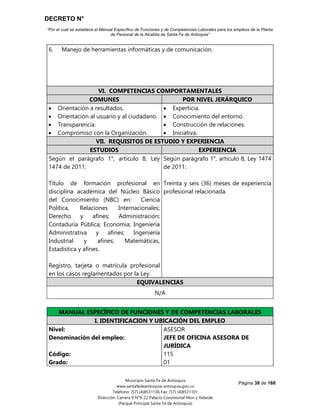 DECRETO N°
“Por el cual se establece el Manual Específico de Funciones y de Competencias Laborales para los empleos de la Planta
de Personal de la Alcaldía de Santa Fe de Antioquia”
Página 38 de 168
Municipio Santa Fe de Antioquia
www.santafedeantioquia-antioquia.gov.co
Teléfono: (57) (4)8531136 Fax: (57) (4)8531101
Dirección: Carrera 9 N°9-22 Palacio Consistorial Mon y Velarde
(Parque Principal Santa Fe de Antioquia)
6. Manejo de herramientas informáticas y de comunicación.
VI. COMPETENCIAS COMPORTAMENTALES
COMUNES POR NIVEL JERÁRQUICO
 Orientación a resultados.
 Orientación al usuario y al ciudadano.
 Transparencia.
 Compromiso con la Organización.
 Experticia.
 Conocimiento del entorno.
 Construcción de relaciones.
 Iniciativa.
VII. REQUISITOS DE ESTUDIO Y EXPERIENCIA
ESTUDIOS EXPERIENCIA
Según el parágrafo 1°, artículo 8, Ley
1474 de 2011:
Título de formación profesional en
disciplina académica del Núcleo Básico
del Conocimiento (NBC) en: Ciencia
Política, Relaciones Internacionales;
Derecho y afines; Administración;
Contaduría Pública; Economía; Ingeniería
Administrativa y afines; Ingeniería
Industrial y afines; Matemáticas,
Estadística y afines.
Registro, tarjeta o matrícula profesional
en los casos reglamentados por la Ley.
Según parágrafo 1°, artículo 8, Ley 1474
de 2011:
Treinta y seis (36) meses de experiencia
profesional relacionada.
EQUIVALENCIAS
N/A
FE DE OFICINA ASESORA DE JURÍDICA Código 115 Grado 01
MANUAL ESPECÍFICO DE FUNCIONES Y DE COMPETENCIAS LABORALES
I. IDENTIFICACION Y UBICACIÓN DEL EMPLEO
Nivel:
Denominación del empleo:
Código:
Grado:
ASESOR
JEFE DE OFICINA ASESORA DE
JURÍDICA
115
01
 