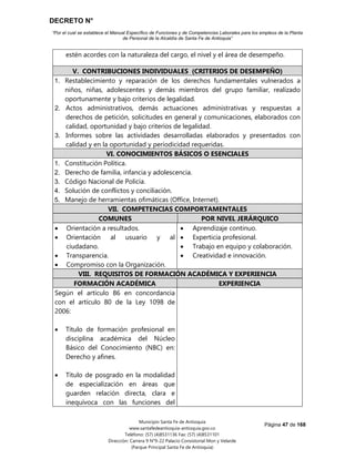 DECRETO N°
“Por el cual se establece el Manual Específico de Funciones y de Competencias Laborales para los empleos de la Planta
de Personal de la Alcaldía de Santa Fe de Antioquia”
Página 47 de 168
Municipio Santa Fe de Antioquia
www.santafedeantioquia-antioquia.gov.co
Teléfono: (57) (4)8531136 Fax: (57) (4)8531101
Dirección: Carrera 9 N°9-22 Palacio Consistorial Mon y Velarde
(Parque Principal Santa Fe de Antioquia)
estén acordes con la naturaleza del cargo, el nivel y el área de desempeño.
V. CONTRIBUCIONES INDIVIDUALES (CRITERIOS DE DESEMPEÑO)
1. Restablecimiento y reparación de los derechos fundamentales vulnerados a
niños, niñas, adolescentes y demás miembros del grupo familiar, realizado
oportunamente y bajo criterios de legalidad.
2. Actos administrativos, demás actuaciones administrativas y respuestas a
derechos de petición, solicitudes en general y comunicaciones, elaborados con
calidad, oportunidad y bajo criterios de legalidad.
3. Informes sobre las actividades desarrolladas elaborados y presentados con
calidad y en la oportunidad y periodicidad requeridas.
VI. CONOCIMIENTOS BÁSICOS O ESENCIALES
1. Constitución Política.
2. Derecho de familia, infancia y adolescencia.
3. Código Nacional de Policía.
4. Solución de conflictos y conciliación.
5. Manejo de herramientas ofimáticas (Office, Internet).
VII. COMPETENCIAS COMPORTAMENTALES
COMUNES POR NIVEL JERÁRQUICO
 Orientación a resultados.
 Orientación al usuario y al
ciudadano.
 Transparencia.
 Compromiso con la Organización.
 Aprendizaje continuo.
 Experticia profesional.
 Trabajo en equipo y colaboración.
 Creatividad e innovación.
VIII. REQUISITOS DE FORMACIÓN ACADÉMICA Y EXPERIENCIA
FORMACIÓN ACADÉMICA EXPERIENCIA
Según el artículo 86 en concordancia
con el artículo 80 de la Ley 1098 de
2006:
 Título de formación profesional en
disciplina académica del Núcleo
Básico del Conocimiento (NBC) en:
Derecho y afines.
 Título de posgrado en la modalidad
de especialización en áreas que
guarden relación directa, clara e
inequívoca con las funciones del
 