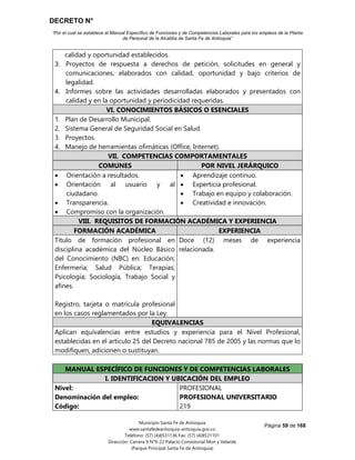 DECRETO N°
“Por el cual se establece el Manual Específico de Funciones y de Competencias Laborales para los empleos de la Planta
de Personal de la Alcaldía de Santa Fe de Antioquia”
Página 59 de 168
Municipio Santa Fe de Antioquia
www.santafedeantioquia-antioquia.gov.co
Teléfono: (57) (4)8531136 Fax: (57) (4)8531101
Dirección: Carrera 9 N°9-22 Palacio Consistorial Mon y Velarde
(Parque Principal Santa Fe de Antioquia)
calidad y oportunidad establecidos.
3. Proyectos de respuesta a derechos de petición, solicitudes en general y
comunicaciones, elaborados con calidad, oportunidad y bajo criterios de
legalidad.
4. Informes sobre las actividades desarrolladas elaborados y presentados con
calidad y en la oportunidad y periodicidad requeridas.
VI. CONOCIMIENTOS BÁSICOS O ESENCIALES
1. Plan de Desarrollo Municipal.
2. Sistema General de Seguridad Social en Salud.
3. Proyectos.
4. Manejo de herramientas ofimáticas (Office, Internet).
VII. COMPETENCIAS COMPORTAMENTALES
COMUNES POR NIVEL JERÁRQUICO
 Orientación a resultados.
 Orientación al usuario y al
ciudadano.
 Transparencia.
 Compromiso con la organización.
 Aprendizaje continuo.
 Experticia profesional.
 Trabajo en equipo y colaboración.
 Creatividad e innovación.
VIII. REQUISITOS DE FORMACIÓN ACADÉMICA Y EXPERIENCIA
FORMACIÓN ACADÉMICA EXPERIENCIA
Título de formación profesional en
disciplina académica del Núcleo Básico
del Conocimiento (NBC) en: Educación;
Enfermería; Salud Pública; Terapias;
Psicología; Sociología, Trabajo Social y
afines.
Registro, tarjeta o matrícula profesional
en los casos reglamentados por la Ley.
Doce (12) meses de experiencia
relacionada.
EQUIVALENCIAS
Aplican equivalencias entre estudios y experiencia para el Nivel Profesional,
establecidas en el artículo 25 del Decreto nacional 785 de 2005 y las normas que lo
modifiquen, adicionen o sustituyan.
MANUAL ESPECÍFICO DE FUNCIONES Y DE COMPETENCIAS LABORALES
I. IDENTIFICACION Y UBICACIÓN DEL EMPLEO
Nivel:
Denominación del empleo:
Código:
PROFESIONAL
PROFESIONAL UNIVERSITARIO
219
 