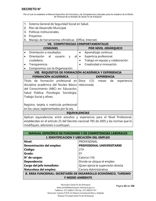 DECRETO N°
“Por el cual se establece el Manual Específico de Funciones y de Competencias Laborales para los empleos de la Planta
de Personal de la Alcaldía de Santa Fe de Antioquia”
Página 62 de 168
Municipio Santa Fe de Antioquia
www.santafedeantioquia-antioquia.gov.co
Teléfono: (57) (4)8531136 Fax: (57) (4)8531101
Dirección: Carrera 9 N°9-22 Palacio Consistorial Mon y Velarde
(Parque Principal Santa Fe de Antioquia)
1. Sistema General de Seguridad Social en Salud.
2. Plan de Desarrollo Municipal.
3. Políticas institucionales.
4. Proyectos.
5. Manejo de herramientas ofimáticas (Office, Internet)
VII. COMPETENCIAS COMPORTAMENTALES
COMUNES POR NIVEL JERÁRQUICO
 Orientación a resultados.
 Orientación al usuario y al
ciudadano.
 Transparencia.
 Compromiso con la Organización.
 Aprendizaje continuo.
 Experticia profesional.
 Trabajo en equipo y colaboración.
 Creatividad e innovación.
VIII. REQUISITOS DE FORMACIÓN ACADÉMICA Y EXPERIENCIA
FORMACIÓN ACADÉMICA EXPERIENCIA
Título de formación profesional en
disciplina académica del Núcleo Básico
del Conocimiento (NBC) en: Educación;
Salud Pública; Psicología; Sociología,
Trabajo Social y afines.
Registro, tarjeta o matrícula profesional
en los casos reglamentados por la Ley.
Doce (12) meses de experiencia
relacionada.
EQUIVALENCIAS
Aplican equivalencias entre estudios y experiencia para el Nivel Profesional,
establecidas en el artículo 25 del Decreto nacional 785 de 2005 y las normas que lo
modifiquen, adicionen o sustituyan.
MANUAL ESPECÍFICO DE FUNCIONES Y DE COMPETENCIAS LABORALES
I. IDENTIFICACION Y UBICACIÓN DEL EMPLEO
Nivel:
Denominación del empleo:
Código:
Grado:
N° de cargos:
Dependencia:
Cargo del jefe inmediato:
Naturaleza del empleo:
PROFESIONAL
PROFESIONAL UNIVERSITARIO
219
01
Catorce (14)
Donde se ubique el empleo
Quien ejerza la supervisión directa
Carrera Administrativa
II. ÁREA FUNCIONAL: SECRETARÍA DE DESARROLLO ECONÓMICO, TURISMO
Y MEDIO AMBIENTE
 