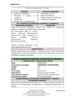 DECRETO N°
“Por el cual se establece el Manual Específico de Funciones y de Competencias Laborales para los empleos de la Planta
de Personal de la Alcaldía de Santa Fe de Antioquia”
Página 68 de 168
Municipio Santa Fe de Antioquia
www.santafedeantioquia-antioquia.gov.co
Teléfono: (57) (4)8531136 Fax: (57) (4)8531101
Dirección: Carrera 9 N°9-22 Palacio Consistorial Mon y Velarde
(Parque Principal Santa Fe de Antioquia)
COMUNES POR NIVEL JERÁRQUICO
 Orientación a resultados.
 Orientación al usuario y al
ciudadano.
 Transparencia.
 Compromiso con la Organización.
 Aprendizaje continuo.
 Experticia profesional.
 Trabajo en equipo y colaboración.
 Creatividad e innovación.
VIII. REQUISITOS DE FORMACIÓN ACADÉMICA Y EXPERIENCIA
FORMACIÓN ACADÉMICA EXPERIENCIA
Título de formación profesional en
disciplina académica del Núcleo Básico
del Conocimiento (NBC) en: Ciencia
Política, Relaciones Internacionales;
Comunicación Social, Periodismo y
afines; Geografía, Historia;
Administración; Ingeniería
Administrativa y afines.
Tarjeta o matrícula profesional en los
casos reglamentados por la Ley.
Doce (12) meses de experiencia
relacionada.
EQUIVALENCIAS
Aplican equivalencias entre estudios y experiencia para el Nivel Profesional,
establecidas en el artículo 25 del Decreto nacional 785 de 2005 y las normas que lo
modifiquen, adicionen o sustituyan.
MANUAL ESPECÍFICO DE FUNCIONES Y DE COMPETENCIAS LABORALES
I. IDENTIFICACION Y UBICACIÓN DEL EMPLEO
Nivel:
Denominación del empleo:
Código:
Grado:
N° de cargos:
Dependencia:
Cargo del jefe inmediato:
Naturaleza del empleo:
PROFESIONAL
PROFESIONAL UNIVERSITARIO
219
01
Catorce (14)
Donde se ubique el empleo
Quien ejerza la supervisión directa
Carrera Administrativa
II. ÁREA FUNCIONAL: SECRETARÍA DE TRANSPORTE Y TRÁNSITO
III. PROPÓSITO PRINCIPAL
Ejercer labores profesionales relacionadas con el proceso de gestión jurídica, de
acuerdo con los lineamientos, procedimientos y normatividad vigente sobre la
materia.
 