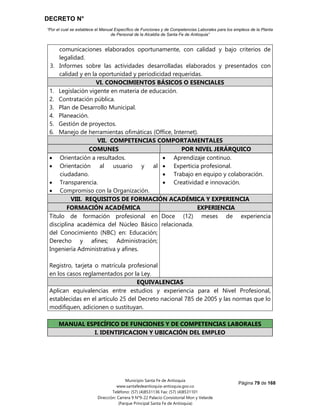 DECRETO N°
“Por el cual se establece el Manual Específico de Funciones y de Competencias Laborales para los empleos de la Planta
de Personal de la Alcaldía de Santa Fe de Antioquia”
Página 79 de 168
Municipio Santa Fe de Antioquia
www.santafedeantioquia-antioquia.gov.co
Teléfono: (57) (4)8531136 Fax: (57) (4)8531101
Dirección: Carrera 9 N°9-22 Palacio Consistorial Mon y Velarde
(Parque Principal Santa Fe de Antioquia)
comunicaciones elaborados oportunamente, con calidad y bajo criterios de
legalidad.
3. Informes sobre las actividades desarrolladas elaborados y presentados con
calidad y en la oportunidad y periodicidad requeridas.
VI. CONOCIMIENTOS BÁSICOS O ESENCIALES
1. Legislación vigente en materia de educación.
2. Contratación pública.
3. Plan de Desarrollo Municipal.
4. Planeación.
5. Gestión de proyectos.
6. Manejo de herramientas ofimáticas (Office, Internet).
VII. COMPETENCIAS COMPORTAMENTALES
COMUNES POR NIVEL JERÁRQUICO
 Orientación a resultados.
 Orientación al usuario y al
ciudadano.
 Transparencia.
 Compromiso con la Organización.
 Aprendizaje continuo.
 Experticia profesional.
 Trabajo en equipo y colaboración.
 Creatividad e innovación.
VIII. REQUISITOS DE FORMACIÓN ACADÉMICA Y EXPERIENCIA
FORMACIÓN ACADÉMICA EXPERIENCIA
Título de formación profesional en
disciplina académica del Núcleo Básico
del Conocimiento (NBC) en: Educación;
Derecho y afines; Administración;
Ingeniería Administrativa y afines.
Registro, tarjeta o matrícula profesional
en los casos reglamentados por la Ley.
Doce (12) meses de experiencia
relacionada.
EQUIVALENCIAS
Aplican equivalencias entre estudios y experiencia para el Nivel Profesional,
establecidas en el artículo 25 del Decreto nacional 785 de 2005 y las normas que lo
modifiquen, adicionen o sustituyan.
MANUAL ESPECÍFICO DE FUNCIONES Y DE COMPETENCIAS LABORALES
I. IDENTIFICACION Y UBICACIÓN DEL EMPLEO
 