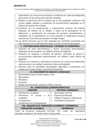 DECRETO N°
“Por el cual se establece el Manual Específico de Funciones y de Competencias Laborales para los empleos de la Planta
de Personal de la Alcaldía de Santa Fe de Antioquia”
Página 90 de 168
Municipio Santa Fe de Antioquia
www.santafedeantioquia-antioquia.gov.co
Teléfono: (57) (4)8531136 Fax: (57) (4)8531101
Dirección: Carrera 9 N°9-22 Palacio Consistorial Mon y Velarde
(Parque Principal Santa Fe de Antioquia)
dependencia, así como en las reuniones o comités en los cuales sea designado,
de acuerdo con las instrucciones del jefe inmediato.
12. Realizar la supervisión de los contratos que le sean asignados, conforme a las
normas legales vigentes y cumpliendo los procedimientos adoptados en el
Sistema de Gestión de la Calidad.
13. Contribuir con el mantenimiento y mejoramiento continuo del Sistema
Integrado de Gestión de la Calidad, a través de la participación en la
elaboración y actualización de manuales de procesos, procedimientos e
indicadores de la dependencia; así como proponer e implementar acciones
preventivas y correctivas para prevenir y mitigar riesgos.
14. Las demás funciones que le sean asignadas por autoridad competente que
estén acordes con la naturaleza del cargo, el nivel y el área de desempeño.
V. CONTRIBUCIONES INDIVIDUALES (CRITERIOS DE DESEMPEÑO)
1. Proyectos de actos administrativos y demás actuaciones administrativas,
elaborados oportunamente, con calidad y criterios de legalidad.
2. Proyectos de respuesta a derechos de petición, solicitudes en general y
comunicaciones elaborados oportunamente, con calidad y bajo criterios de
legalidad.
3. Proyectos de respuesta a solicitudes de licencias de construcción elaborados
oportunamente, con calidad y siguiendo criterios de legalidad.
4. Informes sobre las actividades desarrolladas elaborados y presentados con
calidad y en la oportunidad y periodicidad requeridas.
VI. CONOCIMIENTOS BÁSICOS O ESENCIALES
1. Normatividad sobre vivienda urbana y rural.
2. Obra pública.
3. Planeación.
4. Proyectos.
5. Manejo de herramientas ofimáticas (Office, Internet).
VII. COMPETENCIAS COMPORTAMENTALES
COMUNES POR NIVEL JERÁRQUICO
 Orientación a resultados.
 Orientación al usuario y al
ciudadano.
 Transparencia.
 Compromiso con la Organización.
 Aprendizaje continuo.
 Experticia profesional.
 Trabajo en equipo y colaboración.
 Creatividad e innovación.
VIII. REQUISITOS DE FORMACIÓN ACADÉMICA Y EXPERIENCIA
FORMACIÓN ACADÉMICA EXPERIENCIA
Título de formación profesional en
disciplina académica del Núcleo Básico
Doce (12) meses de experiencia
relacionada.
 