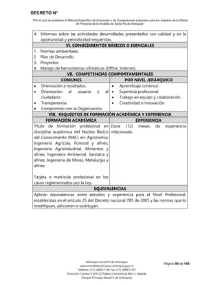 DECRETO N°
“Por el cual se establece el Manual Específico de Funciones y de Competencias Laborales para los empleos de la Planta
de Personal de la Alcaldía de Santa Fe de Antioquia”
Página 96 de 168
Municipio Santa Fe de Antioquia
www.santafedeantioquia-antioquia.gov.co
Teléfono: (57) (4)8531136 Fax: (57) (4)8531101
Dirección: Carrera 9 N°9-22 Palacio Consistorial Mon y Velarde
(Parque Principal Santa Fe de Antioquia)
4. Informes sobre las actividades desarrolladas presentados con calidad y en la
oportunidad y periodicidad requeridas.
VI. CONOCIMIENTOS BÁSICOS O ESENCIALES
1. Normas ambientales.
2. Plan de Desarrollo.
3. Proyectos.
4. Manejo de herramientas ofimáticas (Office, Internet).
VII. COMPETENCIAS COMPORTAMENTALES
COMUNES POR NIVEL JERÁRQUICO
 Orientación a resultados.
 Orientación al usuario y al
ciudadano.
 Transparencia.
 Compromiso con la Organización.
 Aprendizaje continuo.
 Experticia profesional.
 Trabajo en equipo y colaboración.
 Creatividad e innovación.
VIII. REQUISITOS DE FORMACIÓN ACADÉMICA Y EXPERIENCIA
FORMACIÓN ACADÉMICA EXPERIENCIA
Título de formación profesional en
disciplina académica del Núcleo Básico
del Conocimiento (NBC) en: Agronomía;
Ingeniería Agrícola, Forestal y afines;
Ingeniería Agroindustrial, Alimentos y
afines; Ingeniería Ambiental, Sanitaria y
afines; Ingeniería de Minas, Metalurgia y
afines.
Tarjeta o matrícula profesional en los
casos reglamentados por la Ley.
Doce (12) meses de experiencia
relacionada.
EQUIVALENCIAS
Aplican equivalencias entre estudios y experiencia para el Nivel Profesional,
establecidas en el artículo 25 del Decreto nacional 785 de 2005 y las normas que lo
modifiquen, adicionen o sustituyan.
 