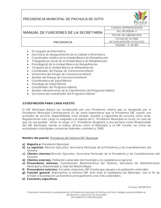 PRESIDENCIA MUNICIPAL DE PACHUCA DE SOTO
MANUAL DE FUNCIONES DE LA SECRETARÍA
CODIGO: MFPMPS(SDIFM)
NO. REVISIÓN: 4
FECHA. DE LIBERACIÓN:
PRESIDENCIA
FECHA DE ULTIMA
ACTUALIZACIÓN: 15/02/2012
PAGINA: 4 DE 80
Formato: MFPMPSF01
El presente documento es propiedad de la Presidencia Municipal de Pachuca de Soto, Hidalgo queda prohibida su
distribución o alteración no autorizada.
DOCUMENTO CONTROLADO
 Encargado de Informática
 Secretaria de Aseguramiento de la Calidad e Informática
 Coordinador médico de la Unidad Básica de Rehabilitación
 Trabajador(a) social de la Unidad Básica de Rehabilitación
 Psicólogo(a) de la Unidad Básica de Rehabilitación
 Terapista de la Unidad Básica de Rehabilitación
 Coordinador del Parque de Convivencia Infantil
 Veterinario del Parque de Convivencia Infantil
 Auxiliar del Parque de Convivencia Infantil
 Coordinadora de Salud Mental
 Psicóloga de Salud Mental
 Coordinador del Programa Hábitat
 Auxiliar administrativo de la Coordinación del Programa Hábitat
 Secretaria del coordinador del Programa Hábitat
3.0 DEFINICIÓN PARA CADA PUESTO
El DIF Municipal deberá ser encabezado por una Presidenta, misma que es designada por el
Presidente Municipal Constitucional. Es de suma importancia que la Presidenta DIF cuente con
actitudes de servicio, disponibilidad, trato amable, sensible y capacidad de escucha, entre otras.
Regularmente éste cargo es asignado a la esposa del C. Presidente Municipal en turno, en caso de
que no sea posible tomar el cargo, el C. Presidente designará a una persona como Responsable
del DIF Municipal; siendo el enlace directo entre el Municipio y el DIF Estatal, así como las
autoridades municipales, instancias federales, estatales y ONG.
Nombre del puesto: Presidenta del Sistema DIF Municipal
a) Reporta a: Presidente Municipal
b) Le reportan: Director Ejecutivo, Secretaria Particular de la Presidenta y las Coordinaciones del
Sistema
c) Clientes internos:Director Ejecutivo, Secretaria Particular de la Presidenta y las Coordinaciones del
Sistema
d) Clientes externos: Población vulnerable del municipio y la ciudadanía en general
e) Proveedores internos: Coordinación Administrativa del Sistema, Secretaria de Administración
Municipal y Voluntariado y Club del Adulto Mayor.
f) Proveedores externos: Escuelas, empresas, DIF Estatal que apoyan a la población vulnerable
g) Función general: Representar al Sistema DIF ante toda la ciudadanía del Municipio, con el fin de
brindar a la población un beneficio principalmente a los más vulnerables.
h) Funciones específicas:
 