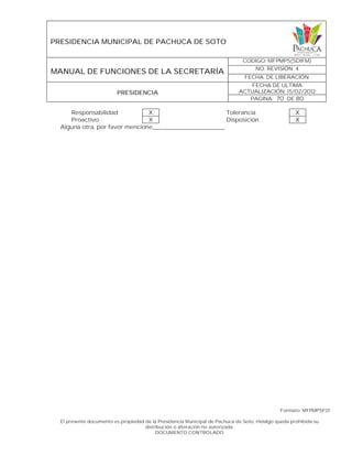 PRESIDENCIA MUNICIPAL DE PACHUCA DE SOTO
MANUAL DE FUNCIONES DE LA SECRETARÍA
CODIGO: MFPMPS(SDIFM)
NO. REVISIÓN: 4
FECHA. DE LIBERACIÓN:
PRESIDENCIA
FECHA DE ULTIMA
ACTUALIZACIÓN: 15/02/2012
PAGINA: 70 DE 80
Formato: MFPMPSF01
El presente documento es propiedad de la Presidencia Municipal de Pachuca de Soto, Hidalgo queda prohibida su
distribución o alteración no autorizada.
DOCUMENTO CONTROLADO
Responsabilidad X Tolerancia X
Proactivo X Disposición X
Alguna otra, por favor mencione_____________________
 