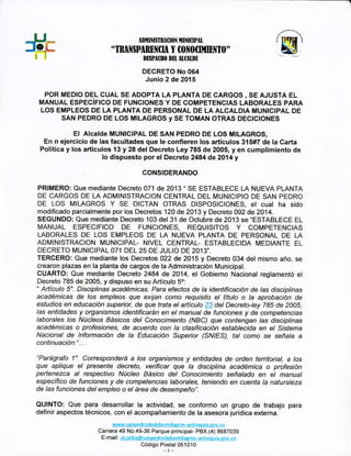 Manual de funciones 2015 Municipio de San Pedro de los Milagros.