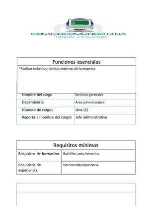 Identificación del cargo
Nombre del cargo Servicios generales
Dependencia Área administrativa
Número de cargos Uno (1)
Reporta a (nombre del cargo) Jefe administrativo
Funciones esenciales
Requisitos mínimos
Requisitos de formación
Requisitos de
experiencia
*Realizar todos los trámites externos de la empresa
Bachiller, sexo femenino
No necesita experiencia
 