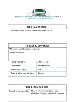 Mantener limpia y de manera adecuada el entorno social
Identificación del cargo
Nombre del cargo Jefe financiero
Dependencia Área financiera
Número de cargos Uno (1)
Reporta a (nombre del cargo) Gerente
Objetivo principal
Funciones esenciales
Requisitos mínimos
Requisitos de formación
*Mantener aseada la empresa en general
*Limpiar los equipos
Título de administración de empresas,
administración pública o ingeniería industrial
 