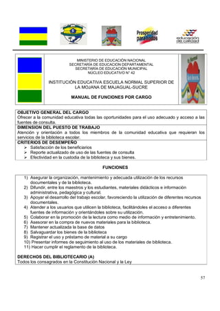 57
MINISTERIO DE EDUCACIÓN NACIONAL
SECRETARÍA DE EDUCACION DEPARTAMENTAL
SECRETARÍA DE EDUCACIÓN MUNICIPAL
NÚCLEO EDUCATIVO N° 42
INSTITUCIÓN EDUCATIVA ESCUELA NORMAL SUPERIOR DE
LA MOJANA DE MAJAGUAL-SUCRE
MANUAL DE FUNCIONES POR CARGO
OBJETIVO GENERAL DEL CARGO
Ofrecer a la comunidad educativa todas las oportunidades para el uso adecuado y acceso a las
fuentes de consulta.
DIMENSION DEL PUESTO DE TRABAJO
Atención y orientación a todos los miembros de la comunidad educativa que requieran los
servicios de la biblioteca escolar.
CRITERIOS DE DESEMPEÑO
 Satisfacción de los beneficiarios
 Reporte actualizado de uso de las fuentes de consulta
 Efectividad en la custodia de la biblioteca y sus bienes.
FUNCIONES
1) Asegurar la organización, mantenimiento y adecuada utilización de los recursos
documentales y de la biblioteca.
2) Difundir, entre los maestros y los estudiantes, materiales didácticos e información
administrativa, pedagógica y cultural.
3) Apoyar el desarrollo del trabajo escolar, favoreciendo la utilización de diferentes recursos
documentales.
4) Atender a los usuarios que utilicen la biblioteca, facilitándoles el acceso a diferentes
fuentes de información y orientándoles sobre su utilización.
5) Colaborar en la promoción de la lectura como medio de información y entretenimiento.
6) Asesorar en la compra de nuevos materiales para la biblioteca.
7) Mantener actualizada la base de datos
8) Salvaguardar los bienes de la biblioteca
9) Registrar el uso y préstamo de material a su cargo
10) Presentar informes de seguimiento al uso de los materiales de biblioteca.
11) Hacer cumplir el reglamento de la biblioteca.
DERECHOS DEL BIBLIOTECARIO (A)
Todos los consagrados en la Constitución Nacional y la Ley
 