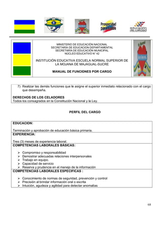68
MINISTERIO DE EDUCACIÓN NACIONAL
SECRETARÍA DE EDUCACION DEPARTAMENTAL
SECRETARÍA DE EDUCACIÓN MUNICIPAL
NÚCLEO EDUCATIVO N° 42
INSTITUCIÓN EDUCATIVA ESCUELA NORMAL SUPERIOR DE
LA MOJANA DE MAJAGUAL-SUCRE
MANUAL DE FUNCIONES POR CARGO
7) Realizar las demás funciones que le asigne el superior inmediato relacionado con el cargo
que desempeña.
DERECHOS DE LOS CELADORES
Todos los consagrados en la Constitución Nacional y la Ley.
PERFIL DEL CARGO
EDUCACION:
Terminación y aprobación de educación básica primaria.
EXPERIENCIA:
Tres (3) meses de experiencia laboral.
COMPETENCIAS LABORALES BÁSICAS:
 Compromiso y responsabilidad
 Demostrar adecuadas relaciones interpersonales
 Trabajo en equipo.
 Capacidad de servicio
 Reserva y prudencia en el manejo de la información
COMPETENCIAS LABORALES ESPECIFICAS :
 Conocimiento de normas de seguridad, prevención y control
 Precisión al brindar información oral o escrita
 Intuición, agudeza y agilidad para detectar anomalías
 