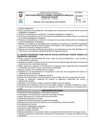 IENSS                            Ministerio de Educación Nacional                   CÓDIGO:
                             Secretaria de Educación y Cultura Municipal
            INSTITUCIÓN EDUCATIVA NORMAL SUPERIOR DE SINCELEJO
                                                                                     VERSIÓN:
                            OFICINA DE CALIDAD
                                    Sincelejo, Sucre – Colombia
                                                                                     02
                                                                                     FECHA:
                       MANUAL DE FUNCIONES POR CARGO                                 18 – 08 – 2009



  presente reglamento.
• Buscar soluciones a los problemas y dificultades que se presentan en el desarrollo de la práctica
  pedagógica investigativa.
• Analizar las propuestas de modificación a la práctica pedagógica investigativa.
                   puestas
• Convocar a los profesores con el fin de analizar los problemas que puedan surgir en el desarrollo
  de la práctica pedagógica investigativa.
• Presentar semestralmente un informe al Consejo Curricular sobre el desarrollo de actividades de
                                                      Curricular
  la práctica pedagógica investigativa.
• Elaborar el cronograma de actividades para el semestre de acuerdo con el calendario establecido
  por la Institución Educativa Normal Superior de Sincelejo y las Instituciones q que acepten a los
  maestros en formación mediante convenios.
• Reportar al Coordinador Académico del programa, los estudiantes que han sido admitidos en las
  instituciones y que realizaron satisfactoriamente la respectiva práctica.

EL DOCENTE ENCARGADO COMO JEFE DE NÚCLEO DISCIPLINAR TENDRÁ ADEMÁS LAS
                                         JEFE
SIGUIENTES FUNCIONES:
• Dirigir y organizar las actividades del núcleo, según los criterios establecidos a nivel curricular y
  de coordinación académica.
• Establecer canales y mecanismos de comunicación en las distintas dependencias de la Institución
                                                               distintas
  y estamentos de la comunidad educativa.
• Dirigir, supervisar y asesorar a los profesores en el planteamiento y desarrollo de las actividades
  curriculares que ofrece el núcleo y promover sus actividades.
• Ejecutar acciones con los demás jefes de núcleos.
                       on
• Colaborar con los coordinadores en la supervisión y ejecución de los programas del núcleo y el
  rendimiento de los estamentos.
• Desarrollar programas de investigación científica.
• Rendir informes periódicos a los coordinadores sobre el desarrollo de los programas del núcleo.
                                                   sobre
• Cumplir su asignación académica de acuerdo al reglamento institucional las normas y
  disposiciones vigentes.
• Participar en los consejos, comités o grupos de trabajo en que se requiera.
• Responder por la adecuada utilización de los muebles, equipos y materiales confiados a su cargo.
• Cumplir las demás funciones que le sean asignadas en el PEI., de acuerdo a la naturaleza de su
  cargo.
                                     INDICADORES ASOCIADOS
• Calidad del trabajo pedagógico y desempeño profesional.
• Participación en la organización y ejecución del trabajo realizado.
• Logros alcanzados en la construcción del conocimiento.
• Desarrollo de proyectos en el aula.
• Calidad del sistema de evaluación académica empleado.
• Manejo de las relaciones socio afectivas con los estudiantes y padres de familia.
                             socio-afectivas
• Cumplimiento de horarios.
• Innovaciones pedagógicas propuestas.
• Empleo de medios didácticos TICs.
• Atención a padres de familia.
• Manejo de prácticas motivacionales frente a la apropiación del conocimiento y el fracaso escolar.
• Sentido de pertenencia institucional y liderazgo en la participación y solución de problemas de los
  estudiantes.
 