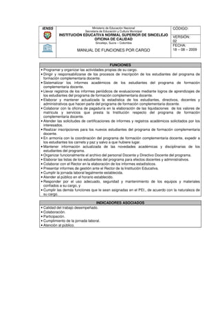 IENSS                           Ministerio de Educación Nacional                  CÓDIGO:
                           Secretaria de Educación y Cultura Municipal
           INSTITUCIÓN EDUCATIVA NORMAL SUPERIOR DE SINCELEJO
                                                                                  VERSIÓN:
                           OFICINA DE CALIDAD
                                  Sincelejo, Sucre – Colombia
                                                                                  02
                                                                                  FECHA:
                      MANUAL DE FUNCIONES POR CARGO                               18 – 08 – 2009



                                              FUNCIONES
• Programar y organizar las actividades propias de su cargo.
• Dirigir y responsabilizarse de los procesos de inscripción de los estudiantes del programa de
  formación complementaria docente.
• Sistematizar los informes académicos de los estudiantes del programa de formación
  complementaria docente.
• Llevar registros de los informes periódicos de evaluaciones mediante logros de aprendizajes de
  los estudiantes del programa de formación complementaria docente.
• Elaborar y mantener actualizada la estadística de los estudiantes, directivos, docentes y
                            actualizada
  administrativos que hacen parte del programa de formación complementaria docente.
• Colaborar con la oficina de pagaduría en la elaboración de las liquidaciones de los valores de
  matricula y servicios que presta la Institución respecto del programa de formación
                       cios
  complementaria docente.
• Atender las solicitudes de certificaciones de informes y registros académicos solicitados por los
  interesados.
• Realizar inscripciones para los nuevos estudiantes del programa de formación complementaria
  docente.
• En armonía con la coordinación del programa de formación complementaria docente, expedir a
  los estudiantes los carnets y paz y salvo a que hubiere lugar.
• Mantener información actualizada de las novedades académicas y disciplinarias de los
                                                               académicas
  estudiantes del programa.
• Organizar funcionalmente el archivo del personal Docente y Directivo Docente del programa.
• Elaborar las listas de los estudiantes del programa para efectos docentes y administrativos.
• Colaborar con el Rector en la elaboración de los informes estadísticos.
• Presentar informes de gestión ante el Rector de la Institución Educativa.
• Cumplir la jornada laboral legalmente establecida.
• Atender al público en el horario establecido.
• Responder por el uso adecuado, seguridad y mantenimiento de los equipos y materiales
  confiados a su cargo, y
• Cumplir las demás funciones que le sean asignadas en el PEI., de acuerdo con la naturaleza de
  su cargo.

                                  INDICADORES ASOCIADOS
• Calidad del trabajo desempeñado.
• Colaboración.
• Participación.
• Cumplimiento de la jornada laboral.
• Atención al público.
 