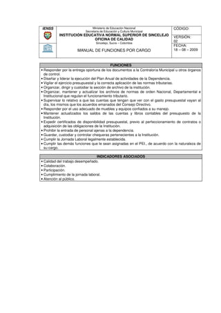 IENSS                           Ministerio de Educación Nacional                CÓDIGO:
                           Secretaria de Educación y Cultura Municipal
           INSTITUCIÓN EDUCATIVA NORMAL SUPERIOR DE SINCELEJO
                                                                                VERSIÓN:
                           OFICINA DE CALIDAD
                                  Sincelejo, Sucre – Colombia
                                                                                02
                                                                                FECHA:
                      MANUAL DE FUNCIONES POR CARGO                             18 – 08 – 2009



                                               FUNCIONES
• Responder por la entrega oportuna de los documentos a la Contraloría Municipal u otros órganos
  de control.
• Diseñar y liderar la ejecución del Plan Anual de actividades de la Dependencia.
• Vigilar el ejercicio presupuestal y la correcta aplicación de las normas tributarias.
• Organizar, dirigir y custodiar la sección de archivo de la institución.
• Organizar, mantener y actualizar los archivos de normas de orden Nacional, Departamental e
                                            archivos
  Institucional que regulan el funcionamiento tributario.
• Supervisar lo relativo a que las cuentas que tengan que ver con el gasto presupuestal vayan al
  día, los mismos que los acuerdos emanados del Consejo Directivo.
• Responder por el uso adecuado de muebles y equipos confiados a su manejo.
• Mantener actualizados los saldos de las cuentas y libros contables del presupuesto de la
  Institución.
• Expedir certificados de disponibilidad presupuestal, previo al perfeccionamiento de contratos o
                                                                      perfeccionamiento
  adquisición de las obligaciones de la Institución.
• Prohibir la entrada de personal ajenas a la dependencia.
• Guardar, custodiar y controlar chequeras pertenecientes a la Institución.
• Cumplir la Jornada Laboral legalmente establec
                                            establecida.
• Cumplir las demás funciones que le sean asignadas en el PEI., de acuerdo con la naturaleza de
  su cargo.

                                  INDICADORES ASOCIADOS
• Calidad del trabajo desempeñado.
• Colaboración.
• Participación.
• Cumplimiento de la jornada laboral.
• Atención al público.
 