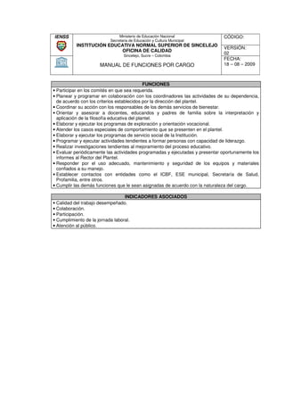 IENSS                          Ministerio de Educación Nacional               CÓDIGO:
                          Secretaria de Educación y Cultura Municipal
          INSTITUCIÓN EDUCATIVA NORMAL SUPERIOR DE SINCELEJO
                                                                              VERSIÓN:
                          OFICINA DE CALIDAD
                                 Sincelejo, Sucre – Colombia
                                                                              02
                                                                              FECHA:
                     MANUAL DE FUNCIONES POR CARGO                            18 – 08 – 2009



                                              FUNCIONES
• Participar en los comités en que sea requerida.
• Planear y programar en colaboración con los coordinadores las actividades de su dependencia,
  de acuerdo con los criterios establecidos por la dirección del plantel.
• Coordinar su acción con los responsables de los demás servicios de bienestar.
• Orientar y asesorar a docentes, educandos y padres de familia sobre la interpretación y
  aplicación de la filosofía educativa del plantel.
                             ed
• Elaborar y ejecutar los programas de exploración y orientación vocacional.
• Atender los casos especiales de comportamiento que se presenten en el plantel.
• Elaborar y ejecutar los programas de servicio social de la Institución.
• Programar y ejecutar actividades tendientes a formar personas con capacidad de liderazgo.
• Realizar investigaciones tendientes al mejoramiento del proceso educativo.
• Evaluar periódicamente las actividades programadas y ejecutadas y presentar oportunamente los
  informes al Rector del Plantel.
         es
• Responder por el uso adecuado, mantenimiento y seguridad de los equipos y materiales
  confiados a su manejo.
• Establecer contactos con entidades como el ICBF, ESE municipal, Secretaría de Salud,
  Profamilia, entre otros.
• Cumplir las demás funciones que le sean asignadas de acuerdo con la naturaleza del cargo.

                                  INDICADORES ASOCIADOS
• Calidad del trabajo desempeñado.
• Colaboración.
• Participación.
• Cumplimiento de la jornada laboral.
• Atención al público.
 