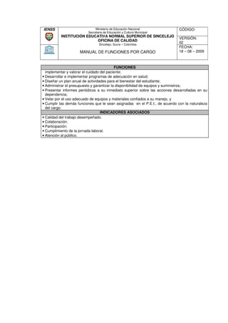 IENSS                          Ministerio de Educación Nacional               CÓDIGO:
                          Secretaria de Educación y Cultura Municipal
          INSTITUCIÓN EDUCATIVA NORMAL SUPERIOR DE SINCELEJO
                                                                              VERSIÓN:
                          OFICINA DE CALIDAD
                                 Sincelejo, Sucre – Colombia
                                                                              02
                                                                              FECHA:
                     MANUAL DE FUNCIONES POR CARGO                            18 – 08 – 2009



                                            FUNCIONES
  implementar y valorar el cuidado del paciente;
• Desarrollar e implementar programas de adecuación en salud;
• Diseñar un plan anual de actividades para el bienestar del estudiante;
• Administrar el presupuesto y garantizar la disponibilidad de equipos y suministros;
• Presentar informes periódicos a su inmediato superior sobre las acciones desarrolladas en su
  dependencia;
• Velar por el uso adecuado de equipos y materiales confiados a su manejo, y
                                                       confiados
• Cumplir las demás funciones que le sean asignadas en el P.E.I., de acuerdo con la naturaleza
  del cargo.
                                   INDICADORES ASOCIADOS
• Calidad del trabajo desempeñado.
• Colaboración.
• Participación.
• Cumplimiento de la jornada laboral.
• Atención al público.
 