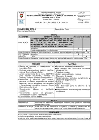 IENSS                            Ministerio de Educación Nacional                  CÓDIGO:
                            Secretaria de Educación y Cultura Municipal
           INSTITUCIÓN EDUCATIVA NORMAL SUPERIOR DE SINCELEJO
                                                                                   VERSIÓN:
                           OFICINA DE CALIDAD
                                   Sincelejo, Sucre – Colombia
                                                                                   02
                                                                                   FECHA:
                        MANUAL DE FUNCIONES POR CARGO                              18 – 08 – 2009



NOMBRE DEL CARGO:                                       Depende del Rector
Secretaria de Rectoría

                                             PERFIL
 FACTORES                         ESPECIFICACIONES                            Necesario Deseado
                LEY 115 DE 1994 (ART. 144), DECRETO 1860 DE 1994
                (ART. 23), LEY 715 D 2001. DECRETO 992 DE 2001
                                      DE
EDUCACIÓN (ARTS. 10 Y 11), DECRETO ORDENANZA DEL
                                        DECRETO
                DEPARTAMENTO DE SUCRE 0882 DE 1997, DECR
                                       SUCRE                     DECRETO
                785 DE 2005, LEY 909 DE 2004, R.13342 DE 1982.
                Sin definir                                                        X
                Estudios tecnológicos o profesionales                                         X
Especifique área: Deseable conocimientos en el área del secretariado ejecutivo e informática TICs.
EXPERIENCIA Sin definir                                                            X
LABORAL         1 Año                                                                         X
Especifique área: Deseable experiencia en el área del secretariado ejecutivo e informática TICs.

                                          CAPACIDADES
                    TÉCNICAS                                           TÁCTICAS
• Manejo de ofimática o conocimientos en • Excelentes relaciones interpersonales.
                                                                        nes
  informática TICs.                                • Alta capacidad para comunicarse de manera
• Destreza para recepcionar, elaborar, clasificar,   clara y asertiva.
  archivar documentos y redactar..                 • Trabajo en equipo.
• Amplio conocimiento de la norma ICONTEC • Orden, responsabilidad e iniciativa
  para elaborar documentos, informes en • Planeación de trabajo.
  general y cualquier forma de correspondencia. • Responsabilidad, seriedad, cumplimiento y
• Habilidades y destrezas para accesar,              alto sentido de pertenencia.
  procesar y transmitir información de manera • Pulcritud.
  oportuna y efectiva a través del uso de medios • Aptitud de redactar.
                                                                    actar.
  y herramientas informáticas (Internet, Correo • Alta disposición para la atención a la
  Electrónico, entre otros).                         comunidad.
• Conocimientos       básicos    en    legislación • Responsabilidad en el manejo de información
  educativa                                          confidencial.
• Conocimientos      básicos    en    planeación,
  administración educativa y de oficinas.
• Conocimientos básicos del PEI

                                              OTROS
Presentación            Requiere una adecuada presentación personal para ejercer las funciones
                        propias de su cargo
Posibilidad de Viajar   Para participar en seminarios, congresos, ponencias y capacitación en
                        general o representación institucional, previa selección y autorización.

                                            FUNCIONES
• Programar y organizar las actividades propias de su cargo.
• Organizar y manejar el archivo de su oficina.
• Atender en el horario establecido a usuarios internos y externos que le soliciten información de la
 