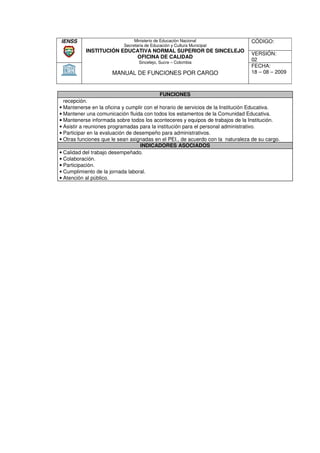 IENSS                           Ministerio de Educación Nacional                 CÓDIGO:
                           Secretaria de Educación y Cultura Municipal
           INSTITUCIÓN EDUCATIVA NORMAL SUPERIOR DE SINCELEJO
                                                                                 VERSIÓN:
                           OFICINA DE CALIDAD
                                  Sincelejo, Sucre – Colombia
                                                                                 02
                                                                                 FECHA:
                      MANUAL DE FUNCIONES POR CARGO                              18 – 08 – 2009



                                            FUNCIONES
  recepción.
• Mantenerse en la oficina y cumplir con el horario de servicios de la Institución Educativa.
             se
• Mantener una comunicación fluida con todos los estamentos de la Comunidad Educativa.
• Mantenerse informada sobre todos los aconteceres y equipos de trabajos de la Institución.
                                                                                    Institució
• Asistir a reuniones programadas para la institución para el personal administrativo.
• Participar en la evaluación de desempeño para administrativos.
• Otras funciones que le sean asignadas en el PEI., de acuerdo con la naturaleza de su cargo.
                                   INDICADORES ASOCIADOS
• Calidad del trabajo desempeñado.
• Colaboración.
• Participación.
• Cumplimiento de la jornada laboral.
• Atención al público.
 