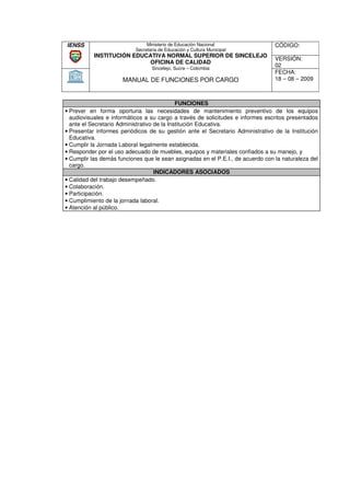IENSS                           Ministerio de Educación Nacional                 CÓDIGO:
                           Secretaria de Educación y Cultura Municipal
           INSTITUCIÓN EDUCATIVA NORMAL SUPERIOR DE SINCELEJO
                                                                                 VERSIÓN:
                           OFICINA DE CALIDAD
                                  Sincelejo, Sucre – Colombia
                                                                                 02
                                                                                 FECHA:
                      MANUAL DE FUNCIONES POR CARGO                              18 – 08 – 2009



                                             FUNCIONES
• Prever en forma oportuna las necesidades de mantenimiento preventivo de los equipos
  audiovisuales e informáticos a su cargo a través de solicitudes e informes escritos presentados
                                      cargo
  ante el Secretario Administrativo de la Institución Educativa.
• Presentar informes periódicos de su gestión ante el Secretario Administrativo de la Institución
  Educativa.
• Cumplir la Jornada Labo legalmente establecida.
                      Laboral
• Responder por el uso adecuado de muebles, equipos y materiales confiados a su manejo, y
• Cumplir las demás funciones que le sean asignadas en el P.E.I., de acuerdo con la naturaleza del
  cargo.
                                    INDICADORES ASOCIADOS
• Calidad del trabajo desempeñado.
• Colaboración.
• Participación.
• Cumplimiento de la jornada laboral.
• Atención al público.
 