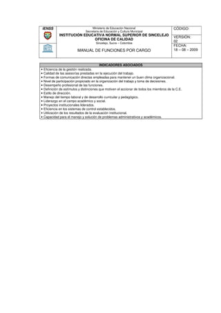 IENSS                                Ministerio de Educación Nacional                        CÓDIGO:
                                Secretaria de Educación y Cultura Municipal
              INSTITUCIÓN EDUCATIVA NORMAL SUPERIOR DE SINCELEJO
                                                                                             VERSIÓN:
                              OFICINA DE CALIDAD
                                       Sincelejo, Sucre – Colombia
                                                                                             02
                                                                                             FECHA:
                           MANUAL DE FUNCIONES POR CARGO                                     18 – 08 – 2009



                                            INDICADORES ASOCIADOS
•   Eficiencia de la gestión realizada.
•   Calidad de las asesorías prestadas en la ejecución del trabajo.
•   Formas de comunicación directas empleadas para mantener un buen clima organizacional.
•   Nivel de participación propiciado en la organización del trabajo y toma de decisiones.
•   Desempeño profesional de las funciones.
•   Definición de estímulos y distinciones que motiven el accionar de todos los miembros de la C.E.
•   Estilo de dirección.
•   Manejo del tiempo laboral y de desarrollo curricular y pedagógico.
                                               curricula
•   Liderazgo en el campo académico y social.
•   Proyectos institucionales liderados.
•   Eficiencia en los sistemas de control establecidos.
•   Utilización de los resultados de la evaluación institucional.
•   Capacidad para el manejo y solución de problemas administrativos y académicos.
 