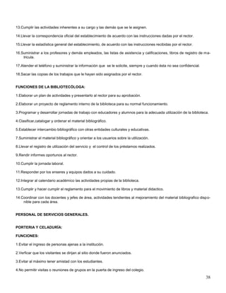 13.Cumplir las actividades inherentes a su cargo y las demás que se le asignen.
14.Llevar la correspondencia oficial del establecimiento de acuerdo con las instrucciones dadas por el rector.
15.Llevar la estadística general del establecimiento, de acuerdo con las instrucciones recibidas por el rector.
16.Suministrar a los profesores y demás empleados, las listas de asistencia y calificaciones, libros de registro de matricula.
17.Atender el teléfono y suministrar la información que se le solicite, siempre y cuando ésta no sea confidencial.
18.Sacar las copias de los trabajos que le hayan sido asignados por el rector.

FUNCIONES DE LA BIBLIOTECÓLOGA:
1.Elaborar un plan de actividades y presentarlo al rector para su aprobación.
2.Elaborar un proyecto de reglamento interno de la biblioteca para su normal funcionamiento.
3.Programar y desarrollar jornadas de trabajo con educadores y alumnos para la adecuada utilización de la biblioteca.
4.Clasificar,catalogar y ordenar el material bibliográfico.
5.Establecer intercambio bibliográfico con otras entidades culturales y educativas.
7.Suministrar el material bibliográfico y orientar a los usuarios sobre la utilización.
8.Llevar el registro de utilización del servicio y el control de los préstamos realizados.
9.Rendir informes oportunos al rector.
10.Cumplir la jornada laboral.
11.Responder por los enseres y equipos dados a su cuidado.
12.Integrar al calendario académico las actividades propias de la biblioteca.
13.Cumplir y hacer cumplir el reglamento para el movimiento de libros y material didactico.
14.Coordinar con los docentes y jefes de área, actividades tendientes al mejoramiento del material bibliografico disponible para cada área.

PERSONAL DE SERVICIOS GENERALES.

PORTERIA Y CELADURÍA:
FUNCIONES:
1.Evitar el ingreso de personas ajenas a la institución.
2.Verficar que los visitantes se dirijan al sitio donde fueron anunciados.
3.Evitar al máximo tener amistad con los estudiantes.
4.No permitir visitas o reuniones de grupos en la puerta de ingreso del colegio.

38

 