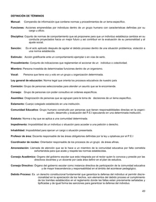 DEFINICIÓN DE TÉRMINOS
Manual:

Compendio de información que contiene normas y procedimientos de un tema específico.

Funciones: Acciones emprendidas por individuos dentro de un grupo humano con características definidas por su
cargo u oficio.
Disciplina: Cojunto de normas de comportamiento que sé proponene para que un individuo establezca cambios en su
conducta proyectados hacia un mejor futuro y asi contribuir en la evaluación de su personalidad y al
ajuste social.
Sanción:

Es el acto aplicado después de agotar el debido proceso dentro de una situación problemica, violación a
una norma establecida.

Estímulo: Acción gratificante ante un comportamiento ejemplar o en vías de serlo.
Procedimiento: Conjunto de indicaciones que reglamentan el accionar de un individuo o colectividad.
Miembro: Persona investida de determinadas funciones dentro de un organismo.
Vocal:

Persona que tiene voz y voto en un grupo u organización determinada.

Ley general de educación: Norma legal que orienta los procesos educativos de nuestro país
Comisión: Grupo de personas seleccionadas para atender un asunto que se le encomiende.
Consejo: Grupo de personas con poder consultivo en ordenes específicos.
Asamblea: Oragnización de personas que se agrupan para la toma de decisiones de un tema específico.
Estamento: Cuerpo colegiado establecido en una institución.
Comunidad Educativa: Grupo humano construido por personas que tienen responsabilidades directas en la organización, desarrollo y evaluación del P.E.I ejecutando en una determinada institución.
Estatuto: Norma o ley que se aplica a una comunidad determinada.
Impedimento: Imposibilidad de un individuo o situación para acceder a una petición o derecho.
Inhabilidad: Imposibilidad para ejercer un cargo o situación presentada.
Profesor de área: Docente responsable de las áreas obligatorias definidas por la ley u optativas por el P.E.I
Coordinador de núcleo: Orientador responsable de los procesos de un grupo de áreas afines.
Amonestación: Llamada de atención que se le hace a un miembro de la comunidad educativa por falta cometida
exhortandola para que acate y respete las normas establecidas.
Consejo Académico: Organo del gobierno escolar que esta integrada por el rector quien lo convoca y preside por las
directivos docentes y un docente por cada área definir en el plan de estudios.
Consejo Directivo: Órgano del gobierno escolar como instancia directiva de participación de la comunidad educativa
y de mayor trascendencia y responsabilidad en el ámbito del acontecer pedagógico.
Debido Proceso: Es un derecho constitucional fundamental que garantiza la defensa del individuo al permitir discrecionalidad en la apreciación de los hechos, son elementos del debido proceso el cumplimiento
de los tramites establecidos en el reglamento donde las faltas estan previamente señaladas y
tipificadas y de igual forma las sanciones para garantizar la defensa del individuo.

49

 
