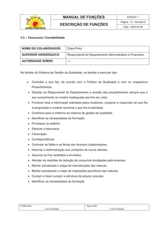 MANUAL DE FUNÇÕES EDIÇÃO: 1
Página: 13 / Revisão:0
DESCRIÇÃO DE FUNÇÕES
Data: 2009-05-08
Elaborado:
Luís Piedade
Aprovado:
Luís Piedade
3.3 – Tesouraria / Contabilidade
NOME DO COLABORADOR: Clara Pinto
SUPERIOR HIERÁRQUICO: Responsável do Departamento Administrativo e Financeiro
AUTORIDADE SOBRE: ----
No âmbito do Sistema de Gestão da Qualidade, as tarefas a executar são:
Controlar o que faz, de acordo com a Política da Qualidade e com os respectivos
Procedimentos.
Solicitar ao Responsável do Departamento a revisão dos procedimentos sempre que o
seu cumprimento se mostre inadequado aos fins em vista.
Fornecer toda a informação solicitada pelos Auditores, cooperar e responder ao que lhe
é perguntado e mostrar somente o que lhe é solicitado.
Contribuir para a melhoria do sistema de gestão da qualidade.
Identificar as necessidades de formação.
Processar os salários.
Efectuar a tesouraria.
Facturação
Correspondência
Controlar as faltas e as férias dos diversos colaboradores.
Informar o Administração dos contactos de novos clientes.
Arquivar os Fax recebidos e enviados.
Atender às medidas de redução de consumos divulgadas pela empresa.
Manter actualizado o mapa de manutenções das viaturas.
Manter actualizado o mapa de inspecções periódicas das viaturas.
Cumprir e fazer cumprir a estrutura de arquivo prevista.
Identificar as necessidades de formação.
 