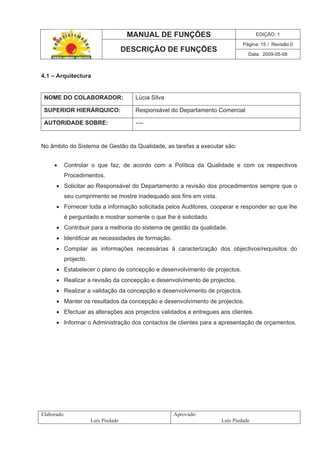 MANUAL DE FUNÇÕES EDIÇÃO: 1
Página: 15 / Revisão:0
DESCRIÇÃO DE FUNÇÕES
Data: 2009-05-08
Elaborado:
Luís Piedade
Aprovado:
Luís Piedade
4.1 – Arquitectura
NOME DO COLABORADOR: Lúcia Silva
SUPERIOR HIERÁRQUICO: Responsável do Departamento Comercial
AUTORIDADE SOBRE: ----
No âmbito do Sistema de Gestão da Qualidade, as tarefas a executar são:
Controlar o que faz, de acordo com a Política da Qualidade e com os respectivos
Procedimentos.
Solicitar ao Responsável do Departamento a revisão dos procedimentos sempre que o
seu cumprimento se mostre inadequado aos fins em vista.
Fornecer toda a informação solicitada pelos Auditores, cooperar e responder ao que lhe
é perguntado e mostrar somente o que lhe é solicitado.
Contribuir para a melhoria do sistema de gestão da qualidade.
Identificar as necessidades de formação.
Compilar as informações necessárias à caracterização dos objectivos/requisitos do
projecto.
Estabelecer o plano de concepção e desenvolvimento de projectos.
Realizar a revisão da concepção e desenvolvimento de projectos.
Realizar a validação da concepção e desenvolvimento de projectos.
Manter os resultados da concepção e desenvolvimento de projectos.
Efectuar as alterações aos projectos validados e entregues aos clientes.
Informar o Administração dos contactos de clientes para a apresentação de orçamentos.
 