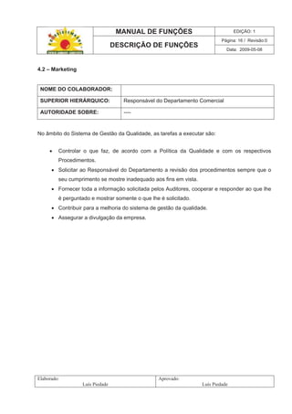 MANUAL DE FUNÇÕES EDIÇÃO: 1
Página: 16 / Revisão:0
DESCRIÇÃO DE FUNÇÕES
Data: 2009-05-08
Elaborado:
Luís Piedade
Aprovado:
Luís Piedade
4.2 – Marketing
NOME DO COLABORADOR:
SUPERIOR HIERÁRQUICO: Responsável do Departamento Comercial
AUTORIDADE SOBRE: ----
No âmbito do Sistema de Gestão da Qualidade, as tarefas a executar são:
Controlar o que faz, de acordo com a Política da Qualidade e com os respectivos
Procedimentos.
Solicitar ao Responsável do Departamento a revisão dos procedimentos sempre que o
seu cumprimento se mostre inadequado aos fins em vista.
Fornecer toda a informação solicitada pelos Auditores, cooperar e responder ao que lhe
é perguntado e mostrar somente o que lhe é solicitado.
Contribuir para a melhoria do sistema de gestão da qualidade.
Assegurar a divulgação da empresa.
 