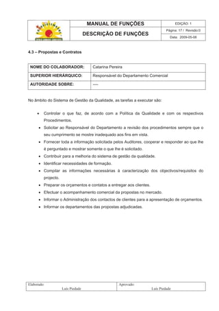 MANUAL DE FUNÇÕES EDIÇÃO: 1
Página: 17 / Revisão:0
DESCRIÇÃO DE FUNÇÕES
Data: 2009-05-08
Elaborado:
Luís Piedade
Aprovado:
Luís Piedade
4.3 – Propostas e Contratos
NOME DO COLABORADOR: Catarina Pereira
SUPERIOR HIERÁRQUICO: Responsável do Departamento Comercial
AUTORIDADE SOBRE: ----
No âmbito do Sistema de Gestão da Qualidade, as tarefas a executar são:
Controlar o que faz, de acordo com a Política da Qualidade e com os respectivos
Procedimentos.
Solicitar ao Responsável do Departamento a revisão dos procedimentos sempre que o
seu cumprimento se mostre inadequado aos fins em vista.
Fornecer toda a informação solicitada pelos Auditores, cooperar e responder ao que lhe
é perguntado e mostrar somente o que lhe é solicitado.
Contribuir para a melhoria do sistema de gestão da qualidade.
Identificar necessidades de formação.
Compilar as informações necessárias à caracterização dos objectivos/requisitos do
projecto.
Preparar os orçamentos e contatos a entregar aos clientes.
Efectuar o acompanhamento comercial da propostas no mercado.
Informar o Administração dos contactos de clientes para a apresentação de orçamentos.
Informar os departamentos das propostas adjudicadas.
 