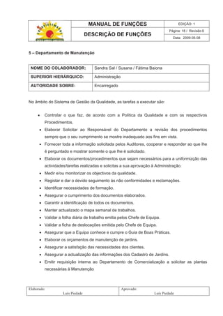 MANUAL DE FUNÇÕES EDIÇÃO: 1
Página: 18 / Revisão:0
DESCRIÇÃO DE FUNÇÕES
Data: 2009-05-08
Elaborado:
Luís Piedade
Aprovado:
Luís Piedade
5 – Departamento de Manutenção
NOME DO COLABORADOR: Sandra Sal / Susana / Fátima Baiona
SUPERIOR HIERÁRQUICO: Administração
AUTORIDADE SOBRE: Encarregado
No âmbito do Sistema de Gestão da Qualidade, as tarefas a executar são:
Controlar o que faz, de acordo com a Política da Qualidade e com os respectivos
Procedimentos.
Elaborar Solicitar ao Responsável do Departamento a revisão dos procedimentos
sempre que o seu cumprimento se mostre inadequado aos fins em vista.
Fornecer toda a informação solicitada pelos Auditores, cooperar e responder ao que lhe
é perguntado e mostrar somente o que lhe é solicitado.
Elaborar os documentos/procedimentos que sejam necessários para a uniformizção das
actividades/tarefas realizadas e solicitas a sua aprovação à Administração.
Medir e/ou monitorizar os objectivos da qualidade.
Registar e dar o devido seguimento às não conformidades e reclamações.
Identificar necessidades de formação.
Assegurar o cumprimento dos documentos elaborados.
Garantir a identificação de todos os documentos.
Manter actualizado o mapa semanal de trabalhos.
Validar a folha diária de trabalho emitia pelos Chefe de Equipa.
Validar a ficha de deslocações emitida pelo Chefe de Equipa.
Assegurar que a Equipa conhece e cumpre o Guia de Boas Práticas.
Elaborar os orçamentos de manutenção de jardins.
Assegurar a satisfação das necessidades dos clientes.
Assegurar a actualização das informações dos Cadastro de Jardins.
Emitir requisição interna ao Departamento de Comercialização a solicitar as plantas
necessárias à Manutenção
 