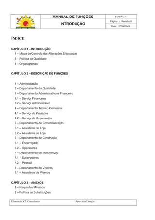 MANUAL DE FUNÇÕES EDIÇÃO: 1
Página: / Revisão:0
INTRODUÇÃO
Data: 2009-05-08
Elaborado:XZ Consultores Aprovado:Direção
ÍNDICE
CAPÍTULO 1 – INTRODUÇÃO
1 – Mapa de Controlo das Alterações Efectuadas
2 – Política da Qualidade
3 – Organigramas
CAPÍTULO 2 – DESCRIÇÃO DE FUNÇÕES
1 – Administração
2 – Departamento da Qualidade
3 – Departamento Administrativo e Financeiro
3.1 – Serviço Financeiro
3.2 – Serviço Administrativo
4 – Departamento Técnico Comercial
4.1 – Serviço de Projectos
4.2 – Serviço de Orçamentos
5 – Departamento de Comercialização
5.1 – Assistente de Loja
5.2 – Assistente de Loja
6 – Departamento de Construção
6.1 – Encarregado
6.2 – Operadores
7 – Departamento de Manutenção
7.1 – Supervisores
7.2 – Pessoal
8 – Departamento de Viveiros
8.1 – Assistente de Viveiros
CAPÍTULO 3 – ANEXOS
1 – Requisitos Mínimos
2 – Política de Substituições
 