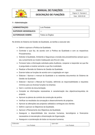 MANUAL DE FUNÇÕES EDIÇÃO: 1
Página: 6 / Revisão:0
DESCRIÇÃO DE FUNÇÕES
Data: 2009-05-08
Elaborado:
Luís Piedade
Aprovado:
Luís Piedade
1 – Administração
ADMINISTRAÇÃO: Luis Piedade
SUPERIOR HIERÁRQUICO: ---
AUTORIDADE SOBRE: Todos os Órgãos
No âmbito do Sistema de Gestão da Qualidade, as tarefas a executar são:
Definir e aprovar a Política da Qualidade.
Controlar o que faz, de acordo com a Política da Qualidade e com os respectivos
Procedimentos.
Solicitar à Qualidade, Ambiente e Segurança a revisão dos procedimentos sempre que o
seu cumprimento se mostre inadequado aos fins em vista.
Fornecer toda a informação solicitada pelos Auditores, cooperar e responder ao que lhe
é perguntado e mostrar somente o que lhe é solicitado.
Realizar a Revisão do Sistema de Gestão da Qualidade.
Exercer todas as funções de acordo com a Legislação em vigor.
Elaborar / Aprovar o manual da Qualidade e os restantes documentos do Sistema de
Gestão da Qualidade.
Elaborar / Aprovar o Manual de Funções, definindo as responsabilidades e requisitos
mínimos para as diversas funções na empresa.
Gerir o controlo da documentação.
Compilar as informações necessárias à caracterização dos objectivos/requisitos do
projecto.
Aprovar os planos de controlo da construção de jardins.
Verificar os resultados da concepção e desenvolvimento de projectos.
Aprovar as alterações aos projectos validados e entregues aos clientes.
Definir e aprovar os Objectivos da Qualidade.
Aprovar o Planeamento dos Objectivos da Qualidade.
Assegurar a disponibilidade dos recursos humanos, tecnológicos e financeiros
necessários à manutenção e dinamização da Organização.
Assegurar a coordenação de todos os recursos humanos.
 