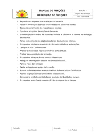MANUAL DE FUNÇÕES EDIÇÃO: 1
Página: 7 / Revisão:0
DESCRIÇÃO DE FUNÇÕES
Data: 2009-05-08
Elaborado:
Luís Piedade
Aprovado:
Luís Piedade
Representar a empresa na sua relação com terceiros.
Recolher informações sobre as necessidades dos potenciais clientes.
Zelar pelo cumprimento dos requisitos dos clientes.
Coordenar a logística das acções de formação.
Elaborar/Aprovar o Plano de Auditorias Internas e coordenar o sistema de realização
das mesmas.
Tomar conhecimento das acções resultantes das Auditorias Internas.
Acompanhar o trataento e controlo de não conformidades e reclamações.
Derrogar as Não Conformidades.
Analisar a eficácia das Acções Correctivas e Preventivas.
Analisar as necessidades de formação.
Acompanhar a integração dos novos colaboradores.
Assegurar a formação do pessoal nas áreas adequadas.
Aprovar Plano de Formação.
Avaliar a eficácia das acções de formação.
Aprovar os fornecedores e a respectiva Lista de Fornecedores Qualificados.
Acordar os preços com os fornecedores seleccionados.
Comunicar a entidades contratadas os requisitos de Qualidade a cumprir.
Acompanhar as acções de manutenção dos equipamentos e viaturas.
 