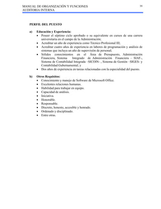 MANUAL DE ORGANIZACIÓN Y FUNCIONES
AUDITORIA INTERNA
39
PERFIL DEL PUESTO
a) Educación y Experiencia:
• Poseer el séptimo ciclo aprobado o su equivalente en cursos de una carrera
universitaria en el campo de la Administración;
• Acreditar un año de experiencia como Técnico Profesional III;
• Acreditar cuatro años de experiencia en labores de programación y análisis de
sistemas que incluya un año de supervisión de personal;
• Sólidos conocimientos en el Área de Presupuesto, Administración
Financiera, Sistema Integrado de Administración Financiera – SIAF-,
Sistema de Contabilidad Integrada –SICOIN- , Sistema de Gestión –SIGES- y
Contabilidad Gubernamental; y
• Dos años de experiencia en tareas relacionadas con la especialidad del puesto.
b) Otros Requisitos:
• Conocimiento y manejo de Software de Microsoft Office.
• Excelentes relaciones humanas.
• Habilidad para trabajar en equipo.
• Capacidad de análisis.
• Iniciativa.
• Honorable.
• Responsable.
• Discreto, honesto, accesible y honrado.
• Ordenado y disciplinado.
• Entre otras.
 