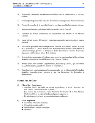 MANUAL DE ORGANIZACIÓN Y FUNCIONES
AUDITORIA INTERNA
46
10. Resguardar y custodiar los documentos oficiales que se encuentran en el Archivo
General;
11. Ordenar por Departamento, todos los documentos que ingresan al Archivo General;
12. Permitir la consulta de la recopilación de Leyes al personal de la Auditoría Interna;
13. Mantener en buenas condiciones la higiene en el Archivo General;
14. Mantener en buenas condiciones los documentos que existen en el Archivo
General;
15. Llevar estricto control del ingreso y egreso de documentos que se requieren para su
consulta;
16. Realizar las gestiones ante el Despacho del Director de Auditoría Interna, a través
de la Jefatura de la Unidad de Servicios Administrativos Internos, para obtener la
autorización legal, previo a la destrucción de los documentos vencidos de acuerdo
al período establecido en la Ley de la materia;
17. Destruir la documentación oficial vencida o prescrita y entregarla a la Dirección de
Servicios Administrativos del Ministerio de Finanzas Públicas;
18. Brindar apoyo a los distintos Departamentos, Secciones y Unidad, que conforman
la Auditoría Interna, cuando los mismos lo requieran; y,
19. Otras funciones y actividades que le sean asignadas por la Jefatura de la Unidad de
Servicios Administrativos Internos y por los Despachos de Dirección y
Subdirección.
PERFIL DEL PUESTO
a) Educación y Experiencia:
• Acreditar haber aprobado los cursos equivalentes al sexto semestre de
una carrera universitaria afín al puesto.
• Seis meses de experiencia como Asistente Profesional II o Jefe Técnico
Profesional II, en la especialidad que el puesto requiera; o,
• Un año de experiencia en tareas relacionadas con el puesto.
b) Otros Requisitos:
• Excelentes relaciones humanas.
• Conocimientos de Archivo
• Habilidad para trabajar en equipo.
• Iniciativa.
 